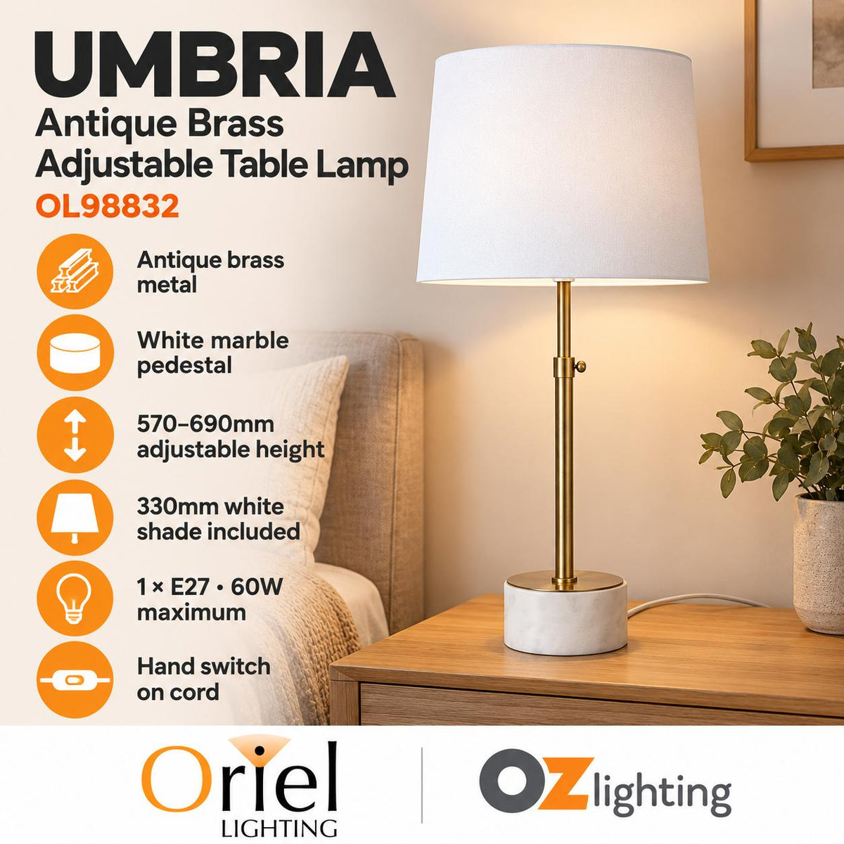 Oriel UMBRIA Table Lamp - Adjustable Height-Oriel Lighting-Ozlighting.com.au