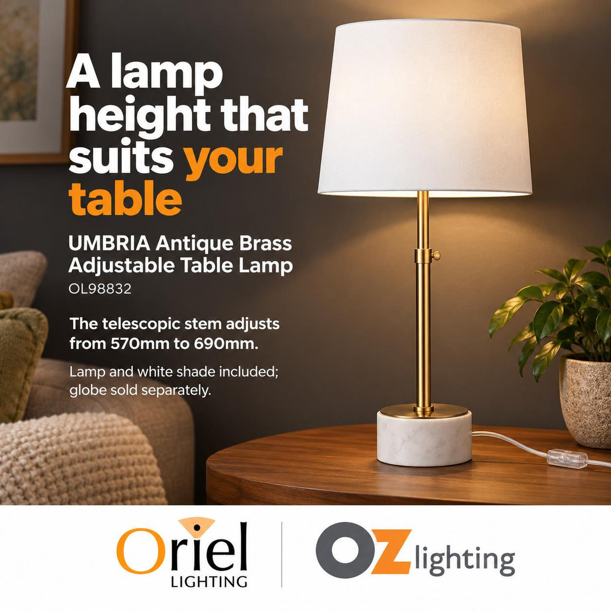 Oriel UMBRIA Table Lamp - Adjustable Height-Oriel Lighting-Ozlighting.com.au