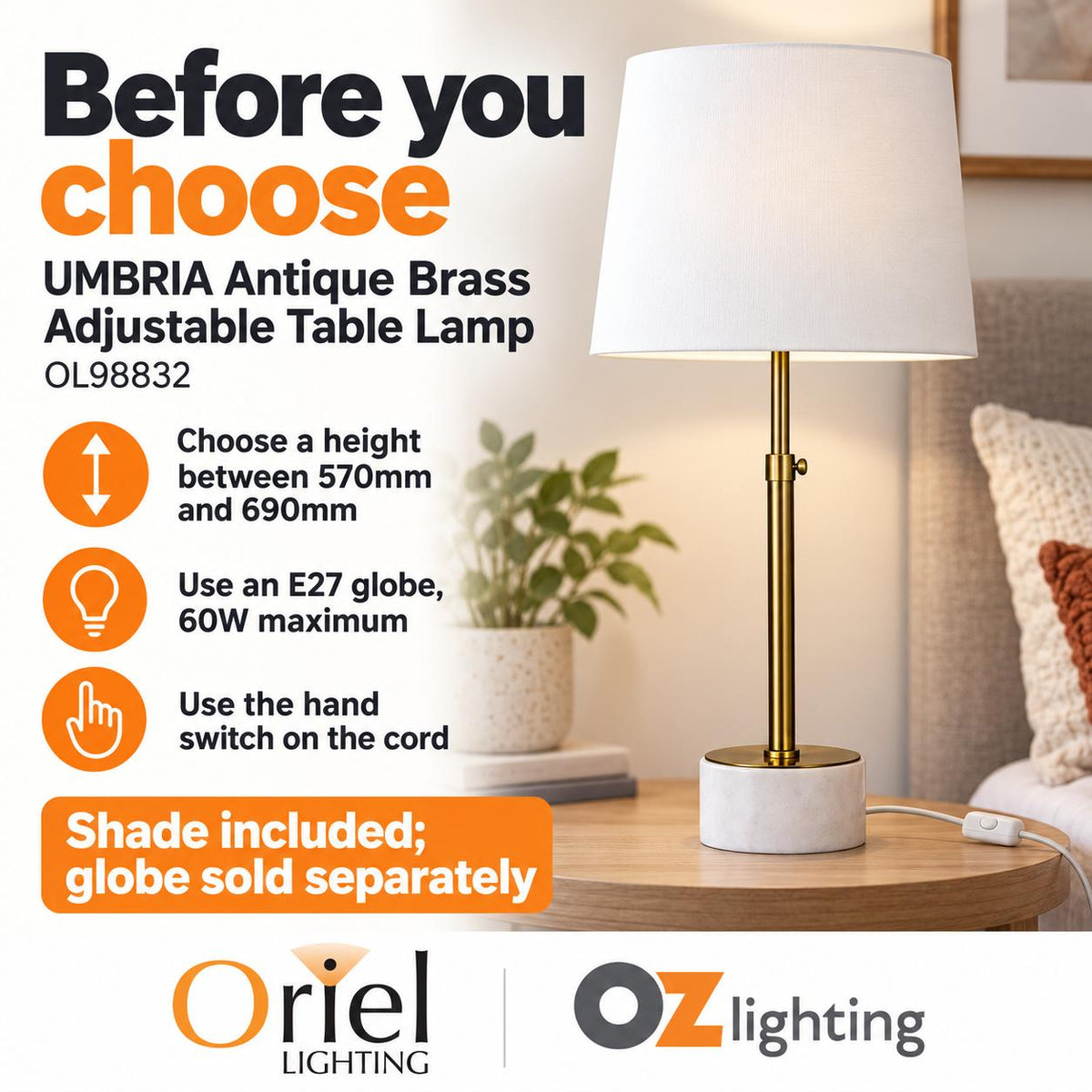 Oriel UMBRIA Table Lamp - Adjustable Height-Oriel Lighting-Ozlighting.com.au