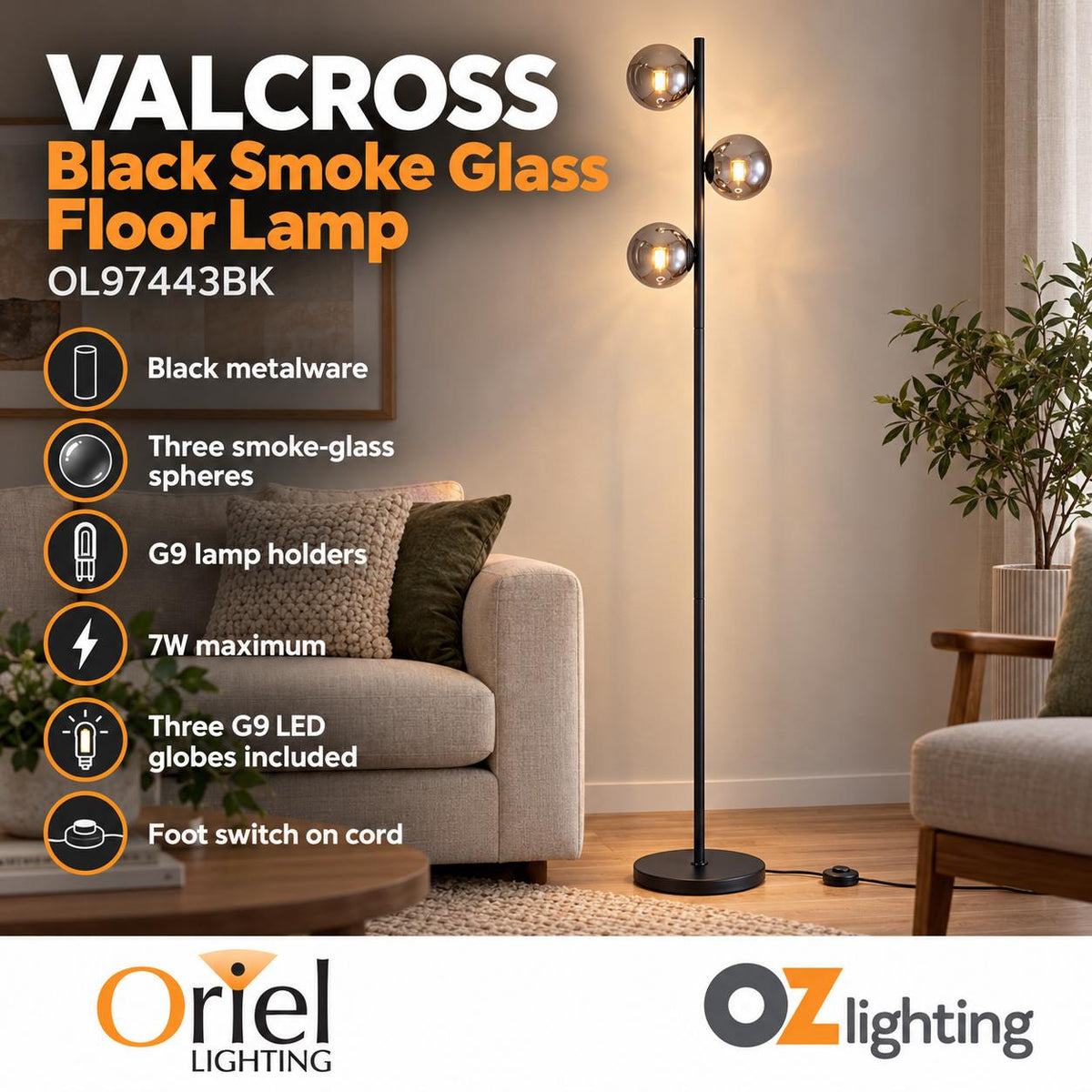 Oriel VALCROSS Smoke Floor Lamp - Glass-Oriel Lighting-Ozlighting.com.au