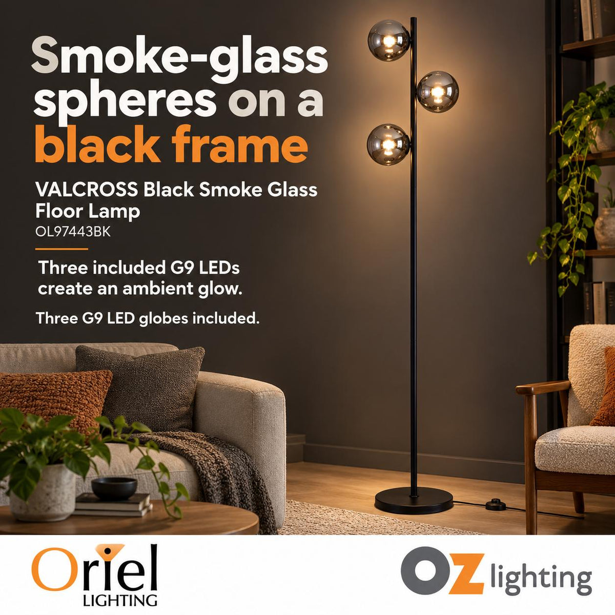 Oriel VALCROSS Smoke Floor Lamp - Glass-Oriel Lighting-Ozlighting.com.au