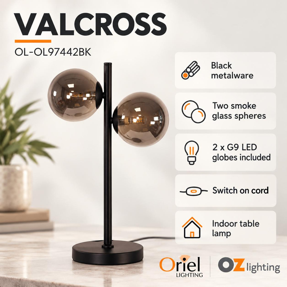 Oriel VALCROSS Smoke Table Lamp - Glass-Oriel Lighting-Ozlighting.com.au
