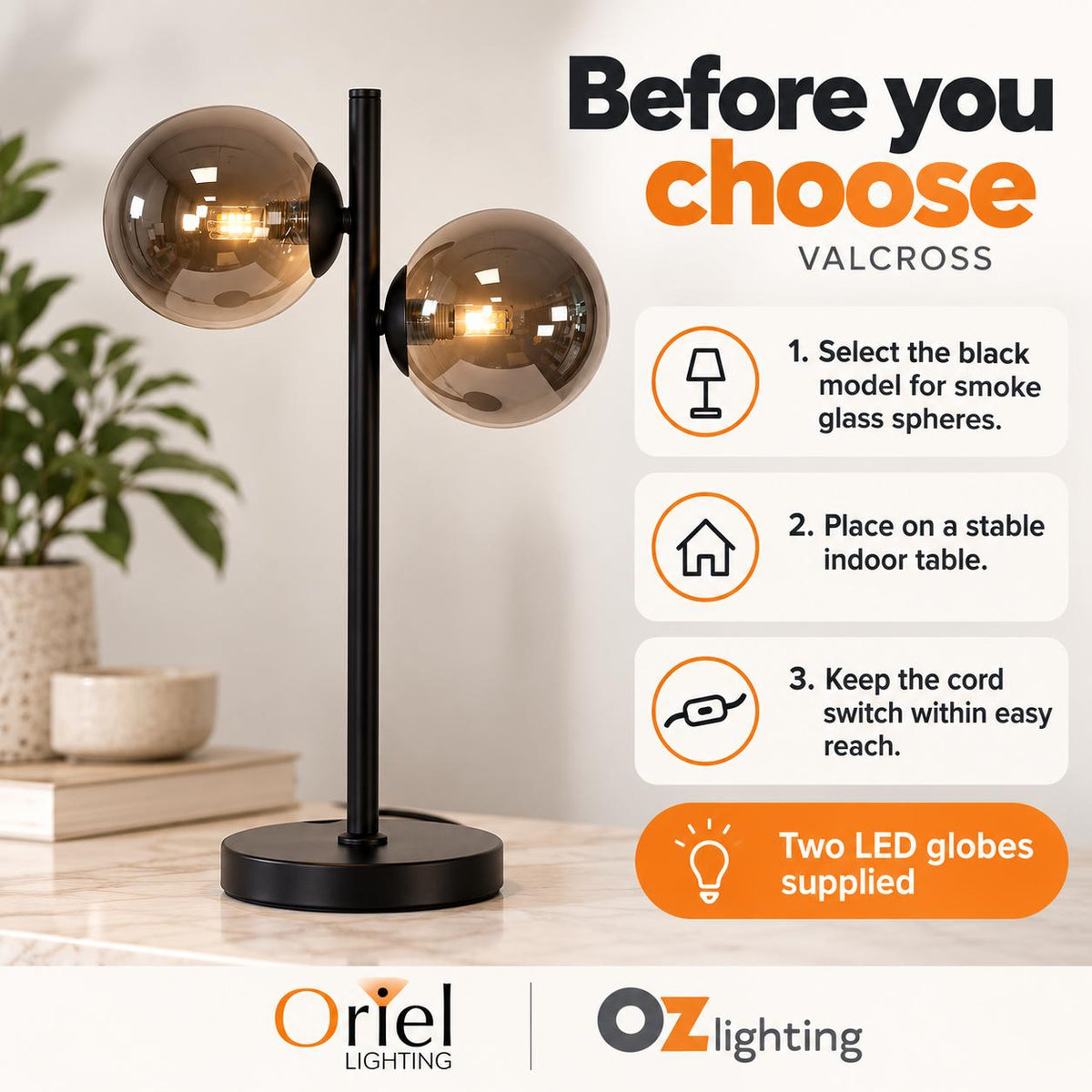 Oriel VALCROSS Smoke Table Lamp - Glass-Oriel Lighting-Ozlighting.com.au