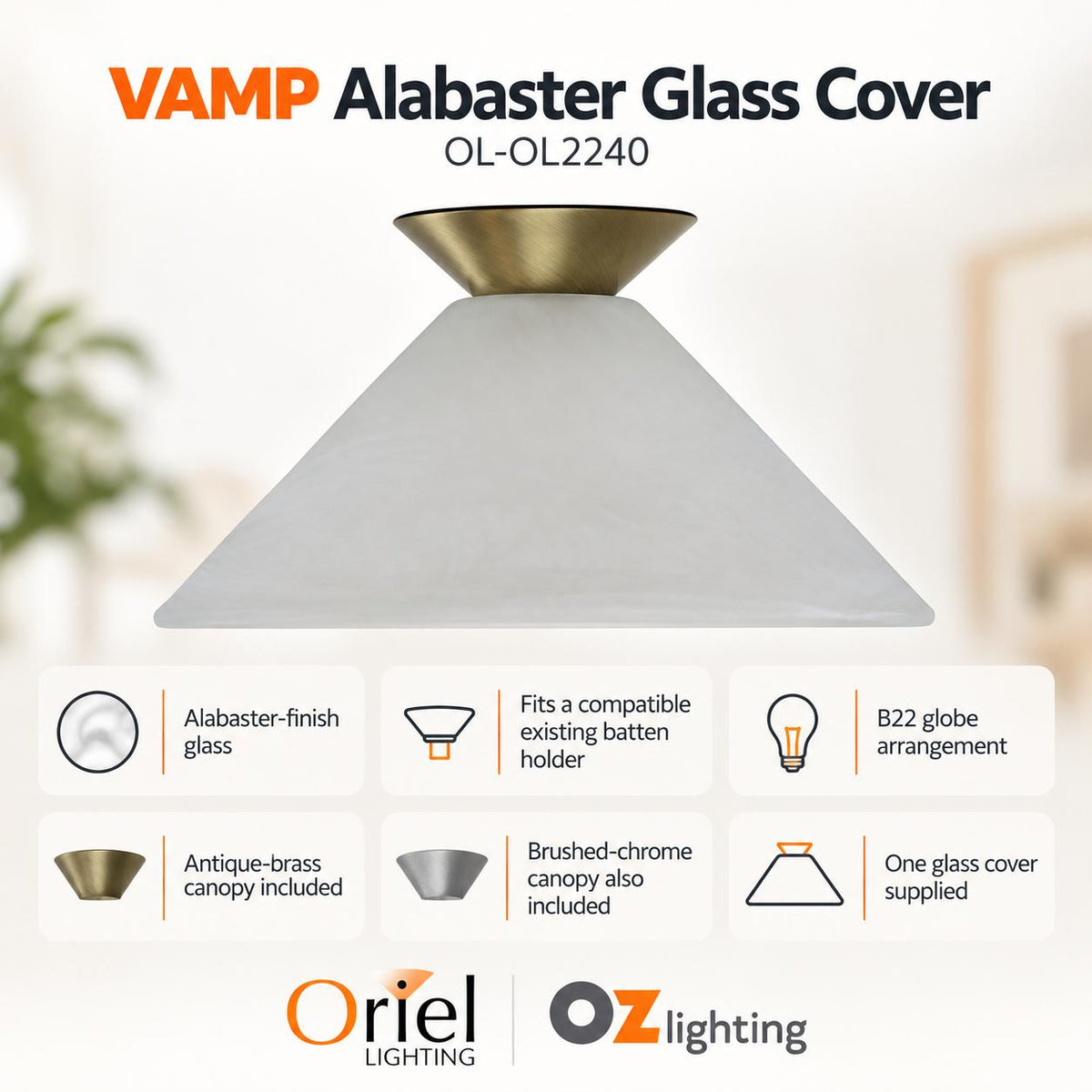 Oriel VAMP/PANA DIY Batten Fix - Holder Cover Alabaster Glass Ceiling Light Shade Only-Oriel Lighting-Ozlighting.com.au
