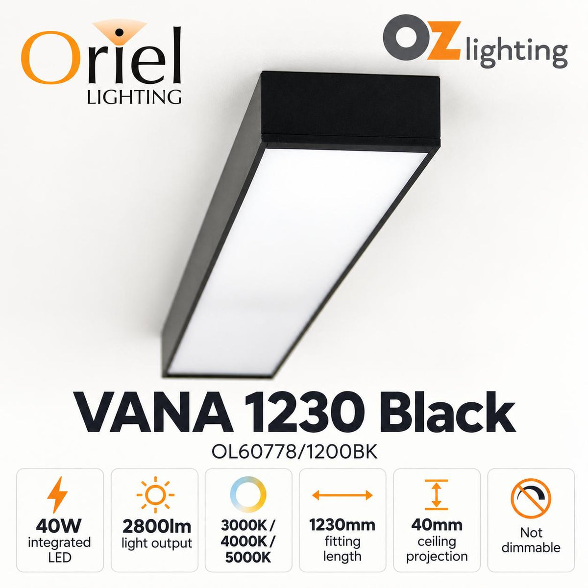 Oriel VANA LED Batten - Tri-Colour 1230mm (4ft) 40W / 1530mm (5ft) 50W, Diffused, IP20-Oriel Lighting-Ozlighting.com.au