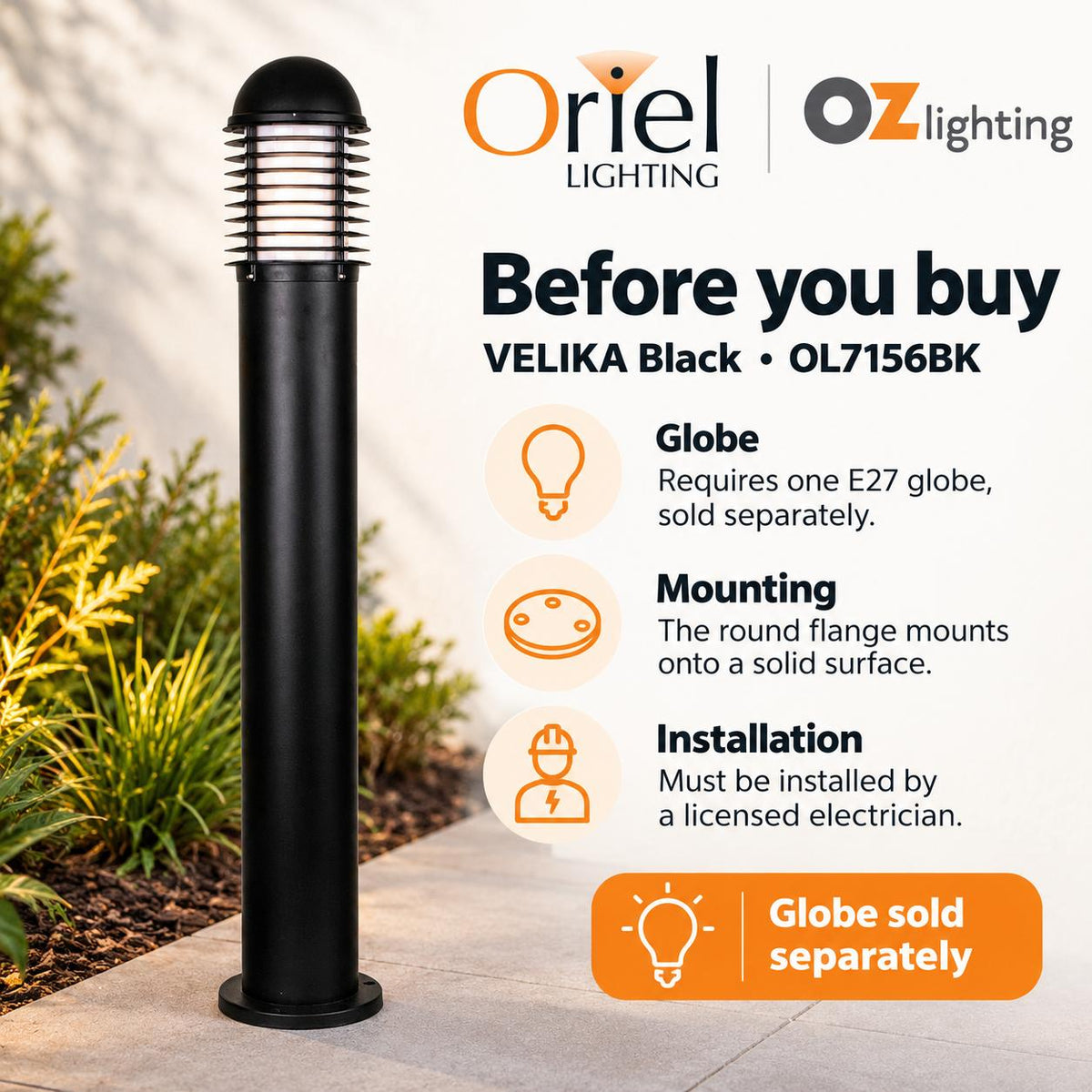 Oriel VELIKA Outdoor Bollard Light - 1000mm (1M) Garden, IP44-Oriel Lighting-Ozlighting.com.au