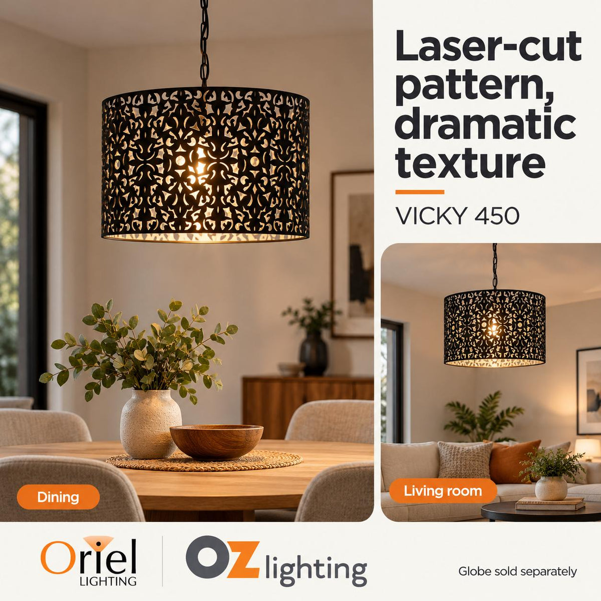 Oriel VICKY Pendant - 1 Light Laser Cut, Black / 450mm-Oriel Lighting-Ozlighting.com.au