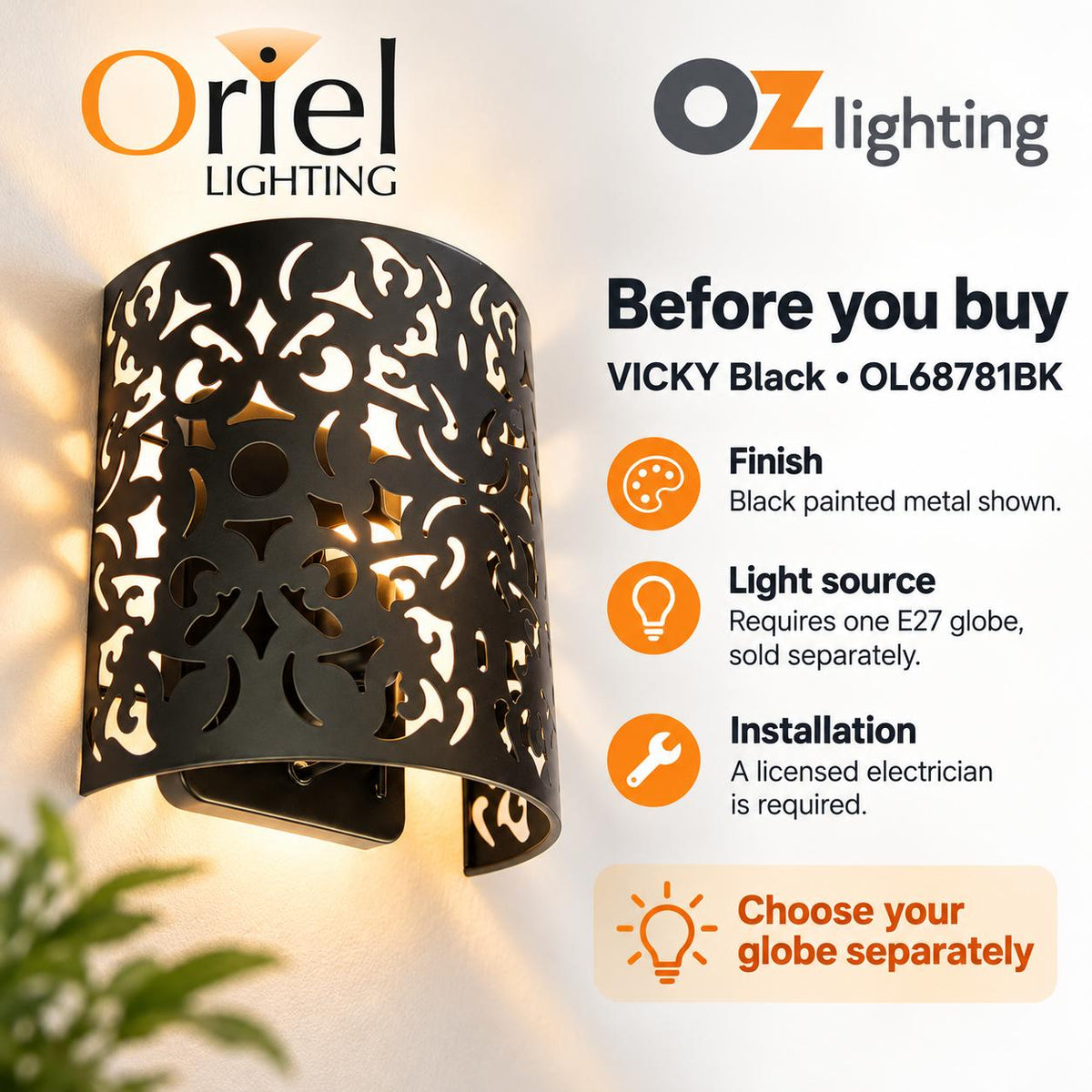 Oriel VICKY Wall Light - 1 Light Interior-Oriel Lighting-Ozlighting.com.au