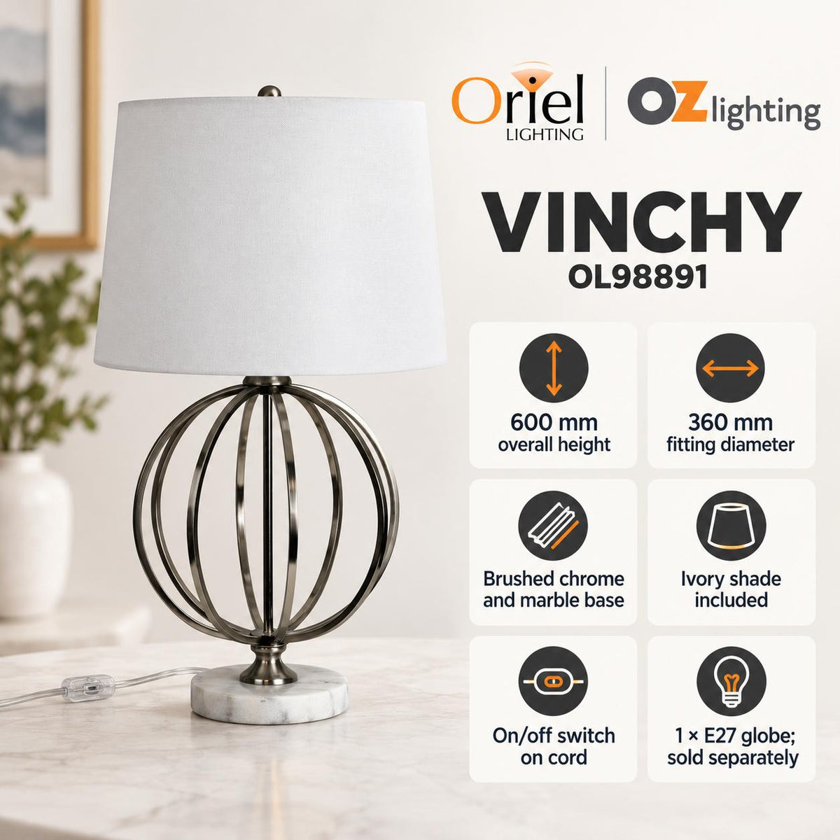 Oriel VINCHY Table Lamp - Metal & Marble-Oriel Lighting-Ozlighting.com.au