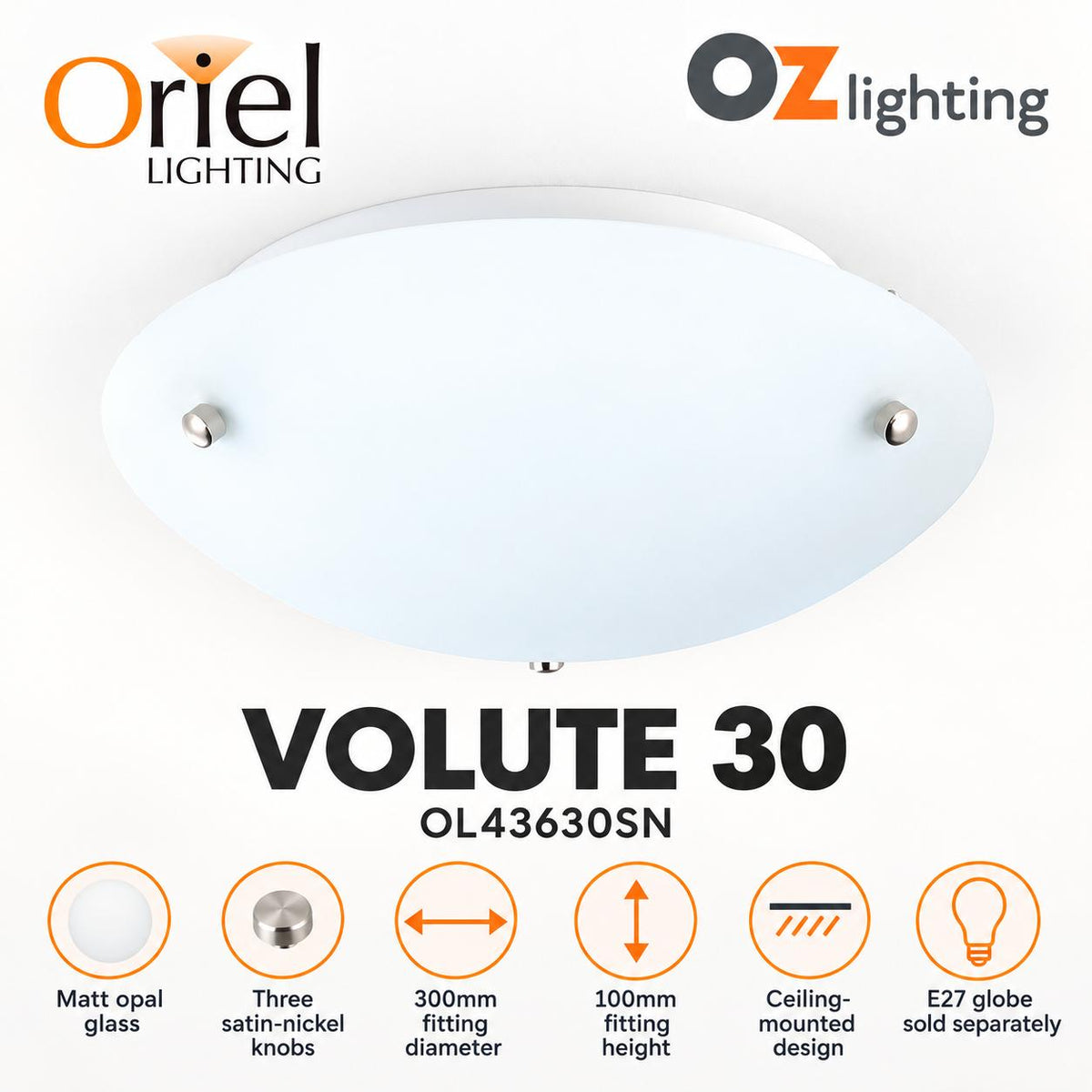 Oriel VOLUTE Ceiling Light - 30cm Matt Opal Glass-Oriel Lighting-Ozlighting.com.au
