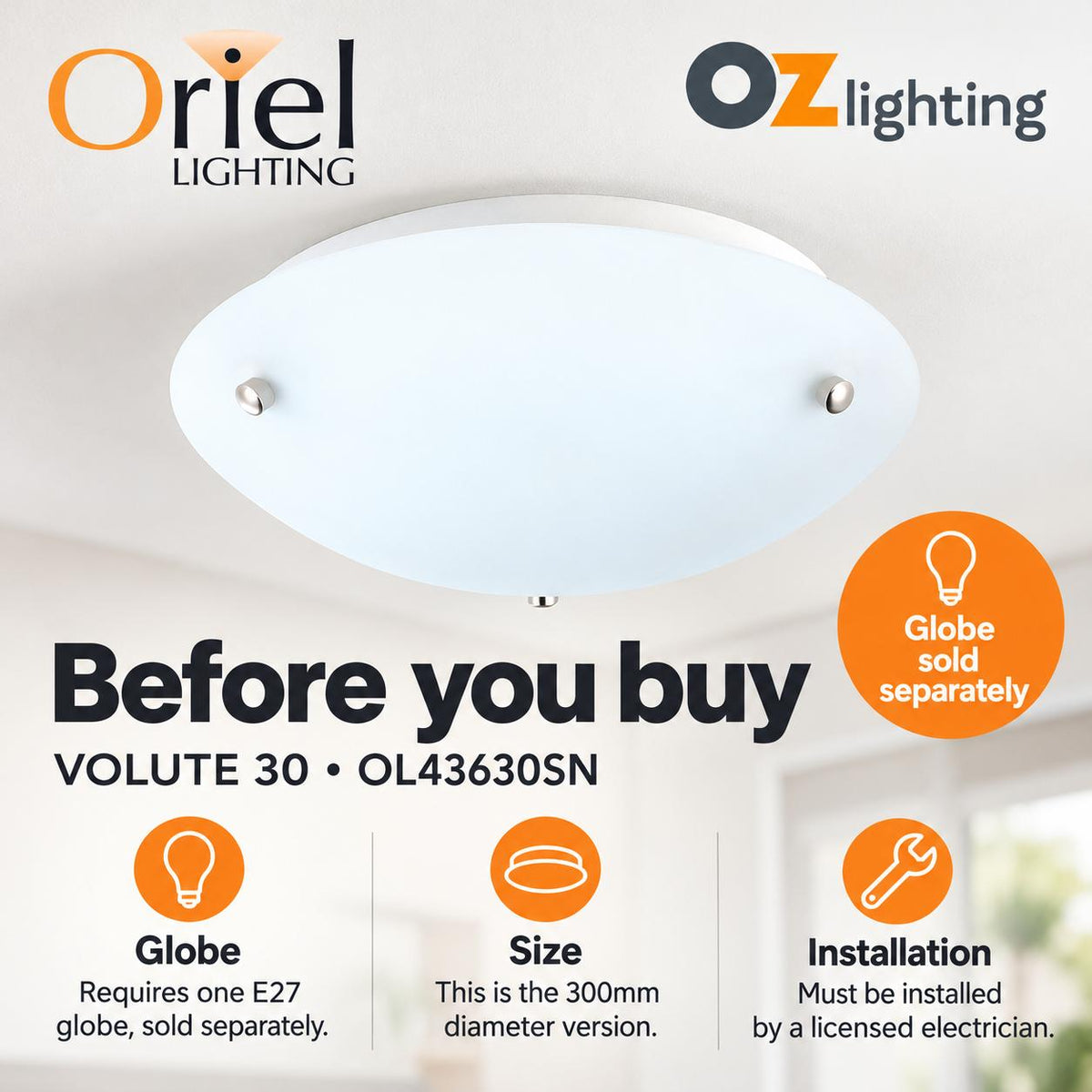 Oriel VOLUTE Ceiling Light - 30cm Matt Opal Glass-Oriel Lighting-Ozlighting.com.au