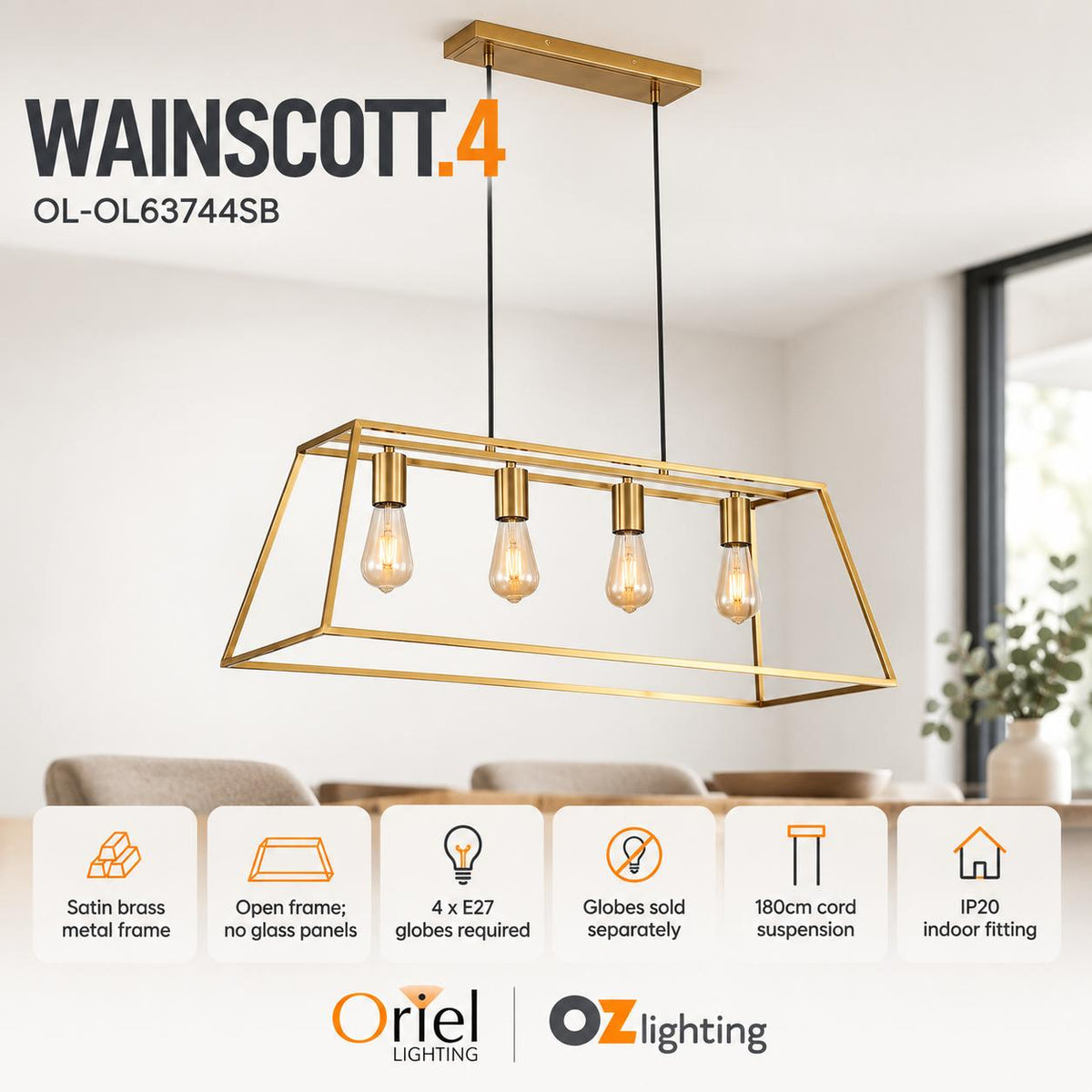 Oriel WAINSCOTT Pendant - 4 Light-Oriel Lighting-Ozlighting.com.au