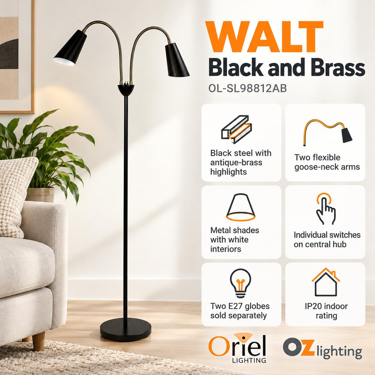 Oriel WALT Floor Lamp - Twin Head-Oriel Lighting-Ozlighting.com.au