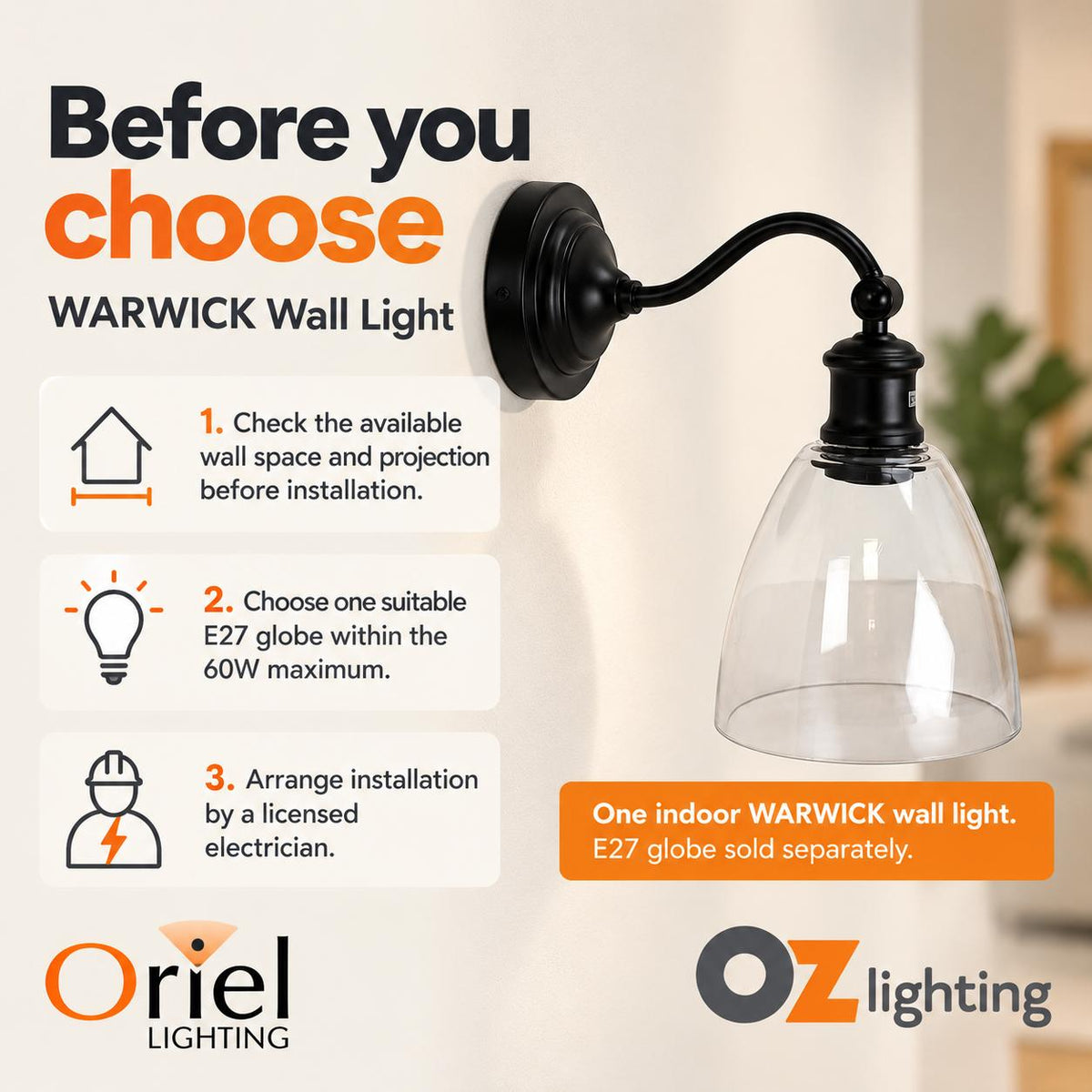 Oriel WARWICK Wall Light - 1 Light Interior-Oriel Lighting-Ozlighting.com.au