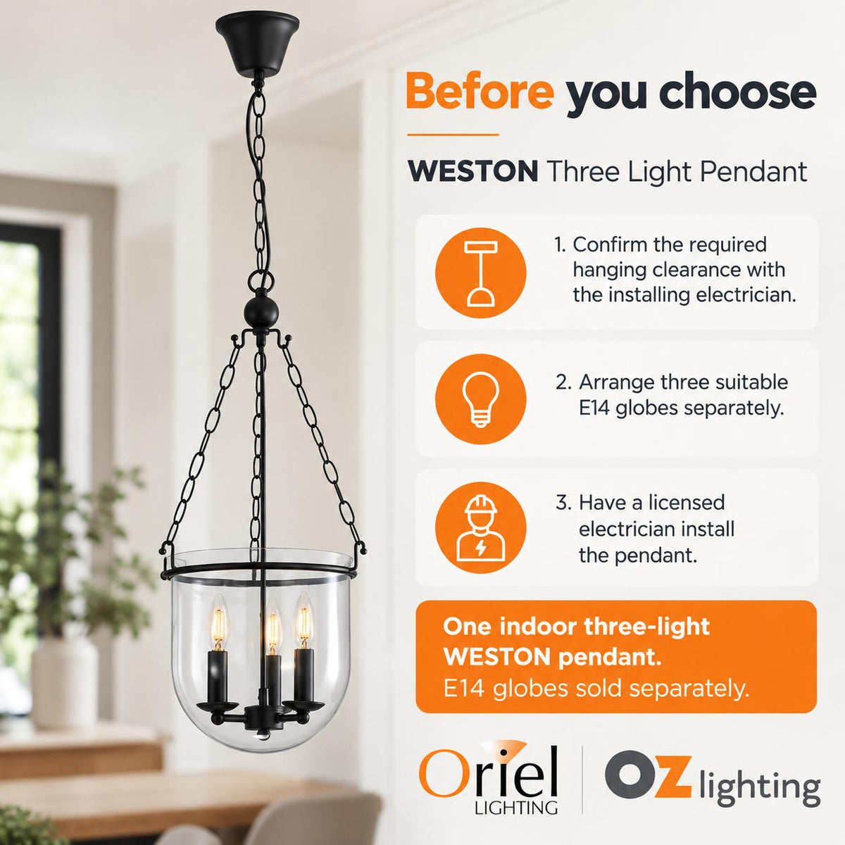 Oriel WESTON Pendant - 3 Light-Oriel Lighting-Ozlighting.com.au