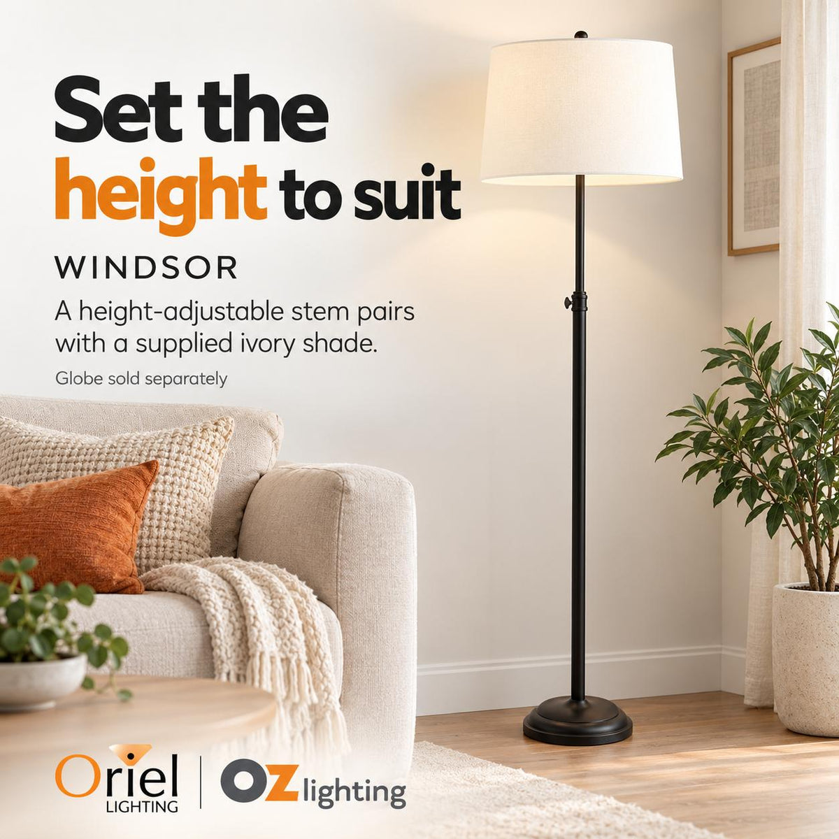 Oriel WINDSOR Floor Lamp - Adjustable Height Metal-Oriel Lighting-Ozlighting.com.au