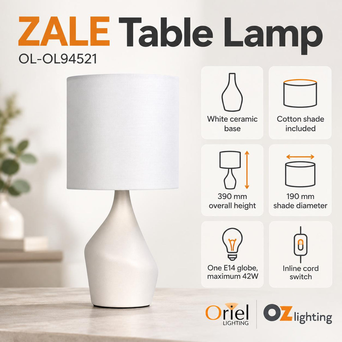 Oriel ZALE Table Lamp - Complete-Oriel Lighting-Ozlighting.com.au