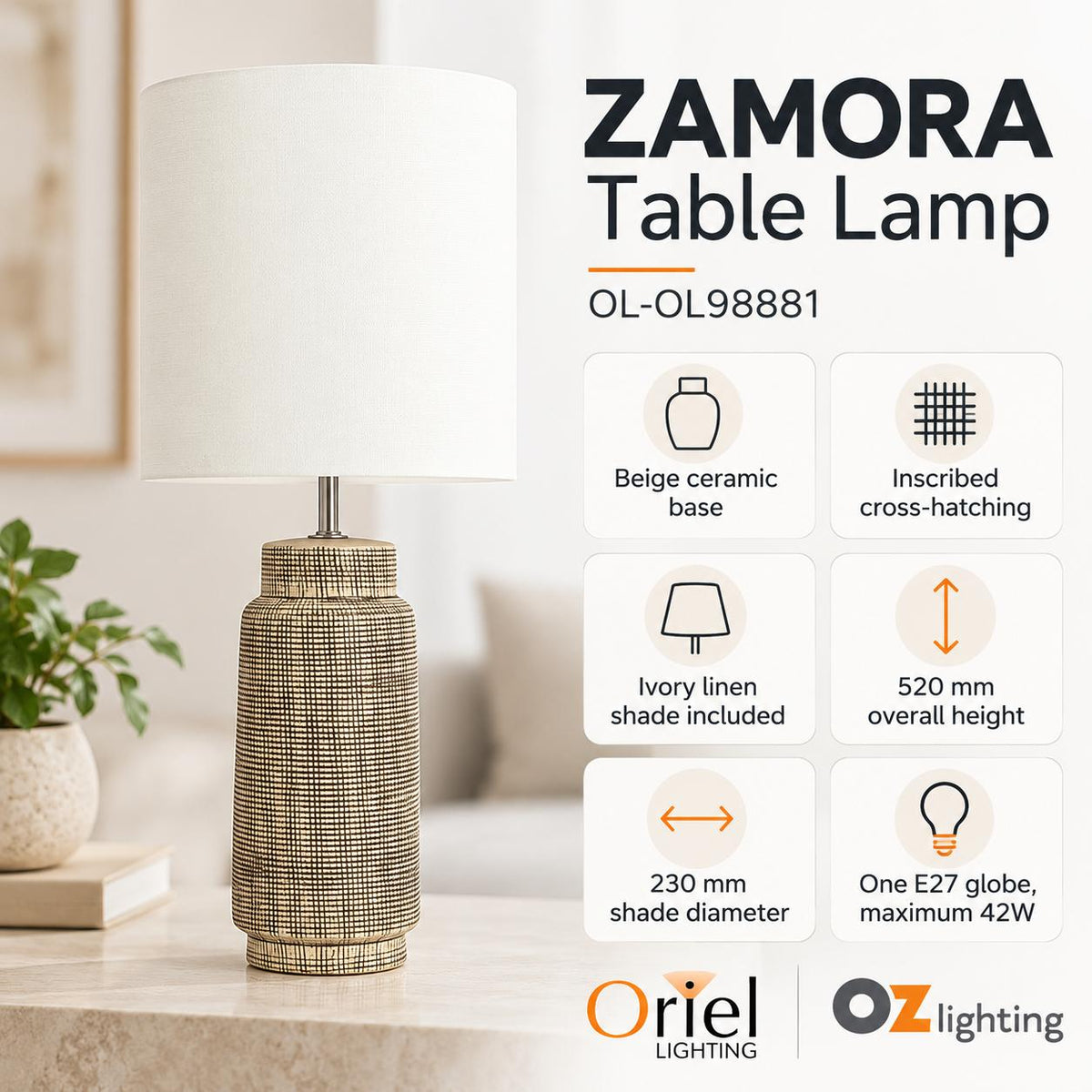 Oriel ZAMORA Table Lamp - Ceramic-Oriel Lighting-Ozlighting.com.au