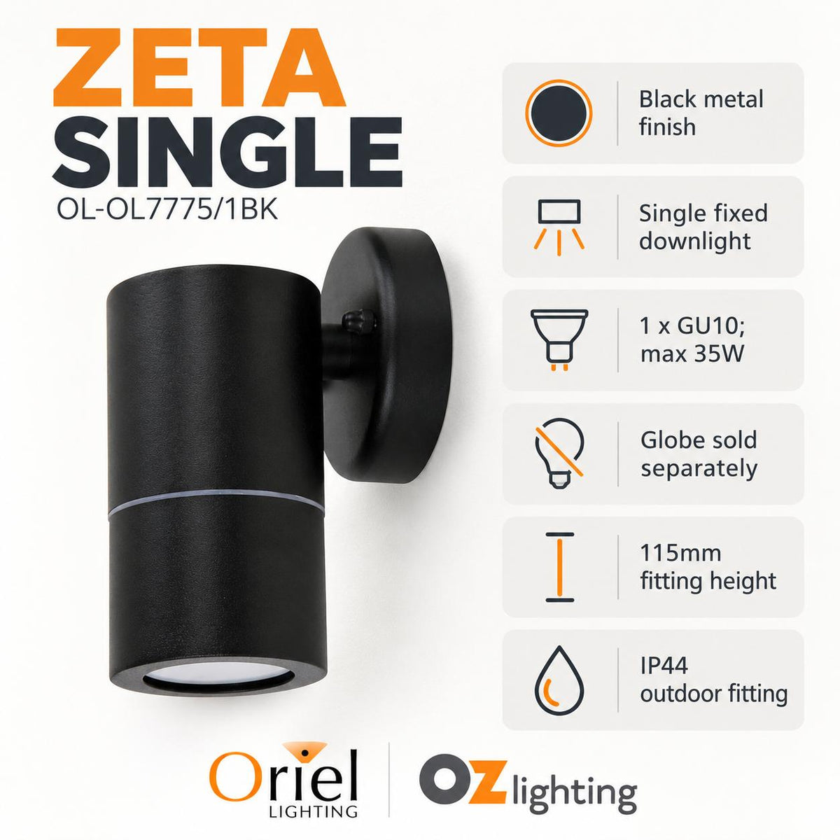 Oriel ZETA Outdoor LED Wall Light - Single Fixed Ready Down Only, IP44-Oriel Lighting-Ozlighting.com.au