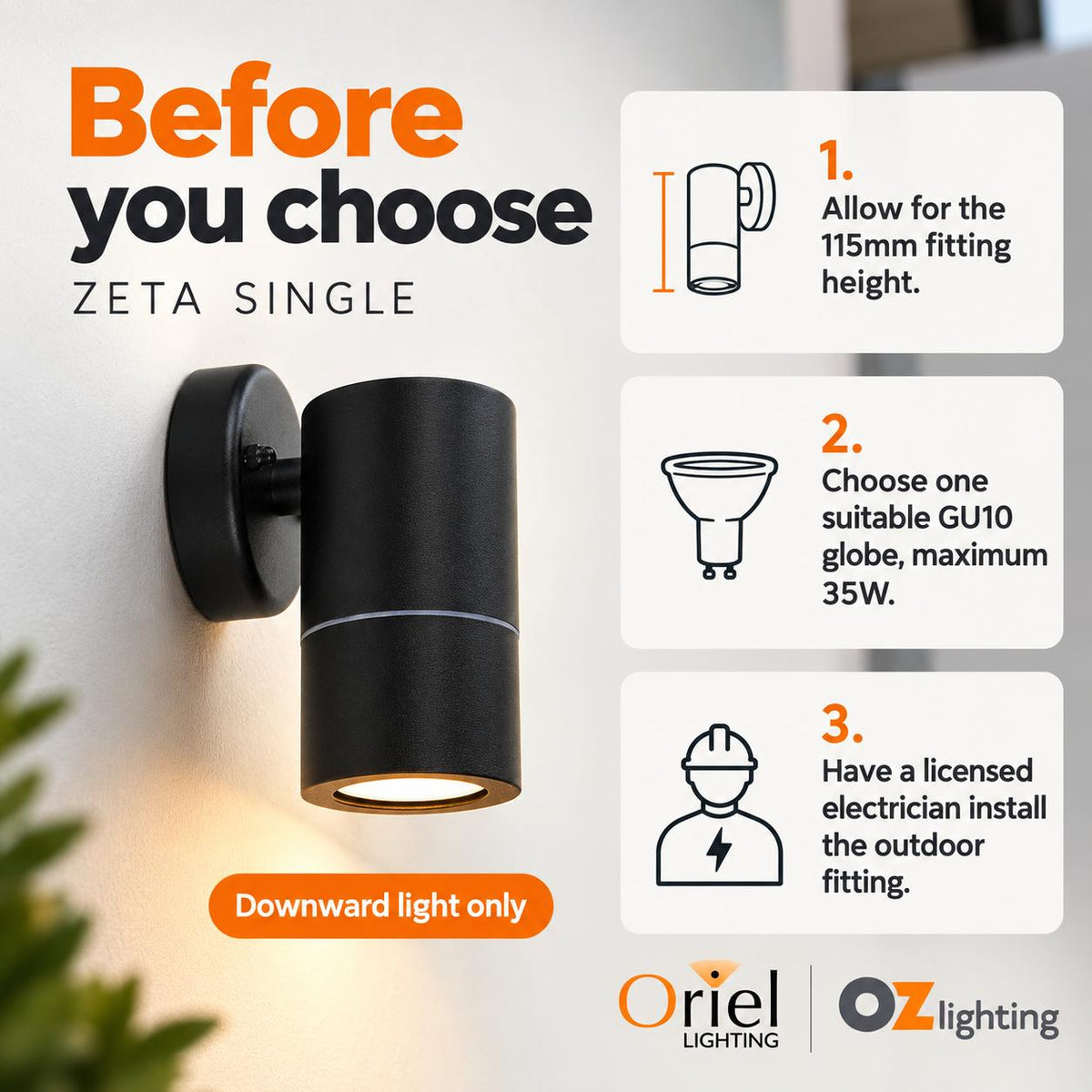 Oriel ZETA Outdoor LED Wall Light - Single Fixed Ready Down Only, IP44-Oriel Lighting-Ozlighting.com.au