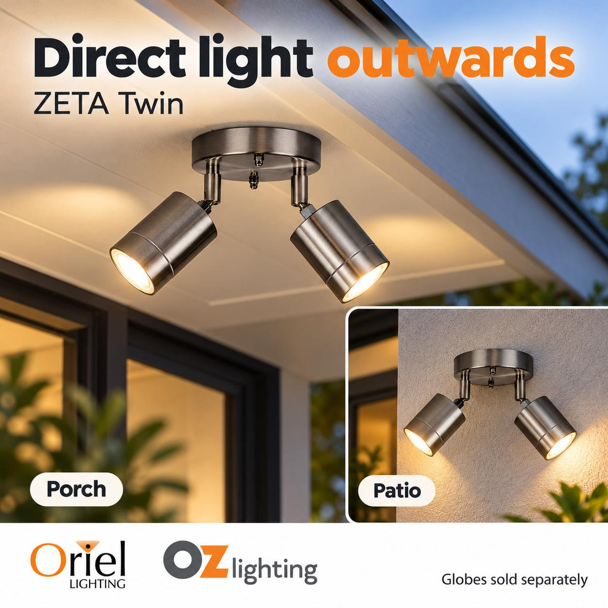 Oriel ZETA Outdoor Spotlight - 2 Light Twin Head Adjustable, IP44-Oriel Lighting-Ozlighting.com.au