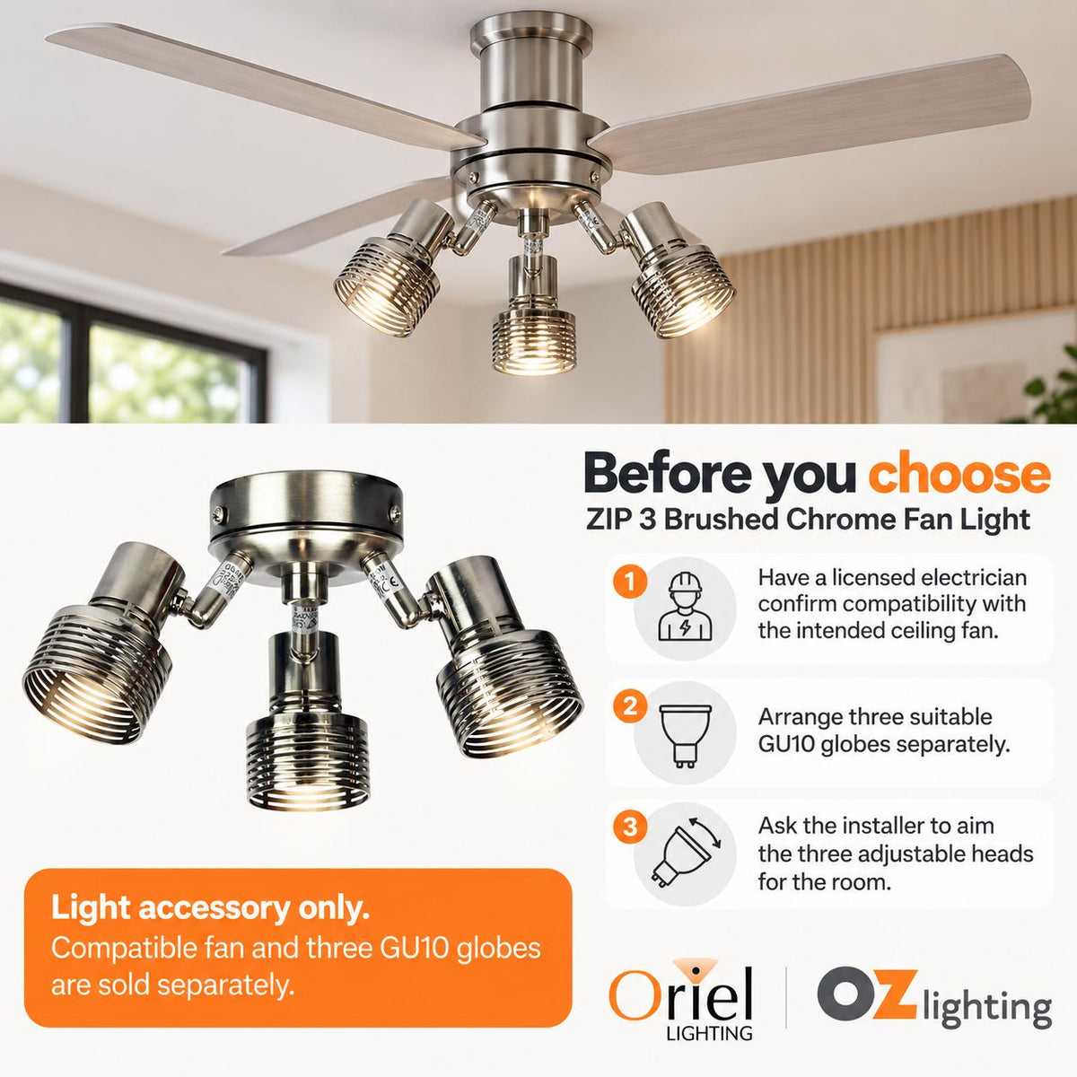 Oriel ZIP 3 Spotlight - 3xGU10 Adjustable Indoor Ceiling Fan, Accessory, Brushed Chrome-Oriel Lighting-Ozlighting.com.au