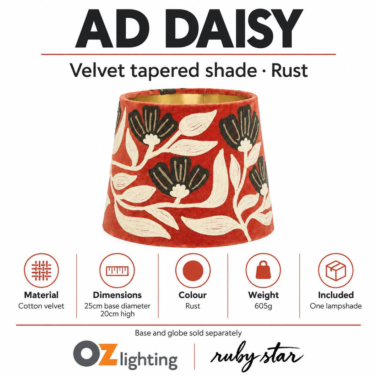 Ruby Star AD DAISY Tapered Shade - Velvet, Rust-RUBY STAR-Ozlighting.com.au