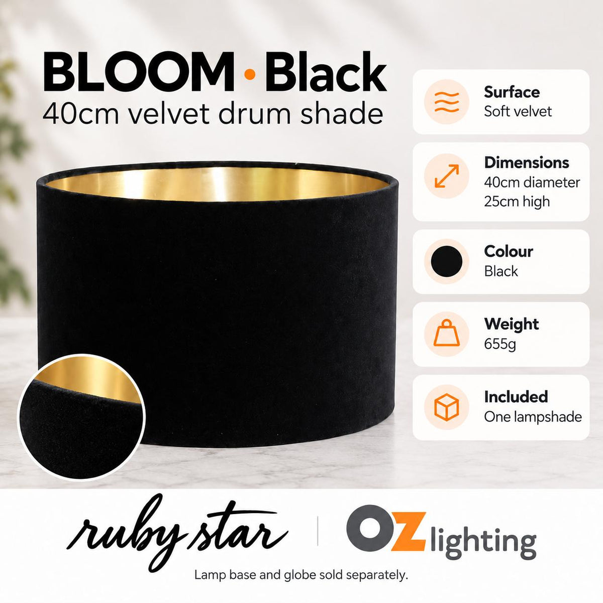 Ruby Star BLOOM Drum Shade - 40cm, Black-RUBY STAR-Ozlighting.com.au