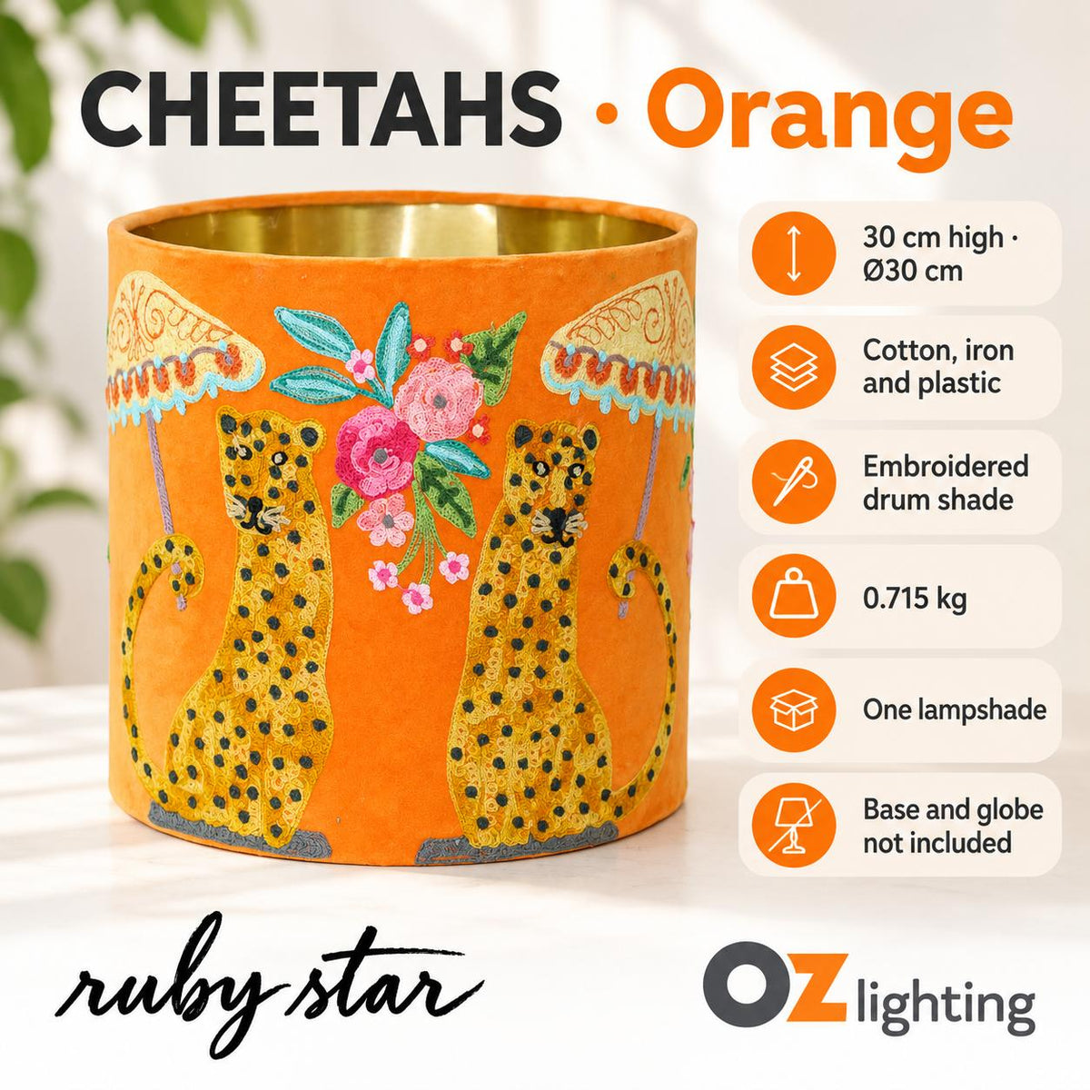 Ruby Star CHEETAHS Drum Shade - 30cm, Orange-RUBY STAR-Ozlighting.com.au