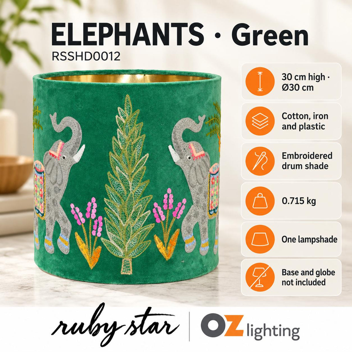 Ruby Star ELEPHANTS Drum Shade - 30cm, Green-RUBY STAR-Ozlighting.com.au