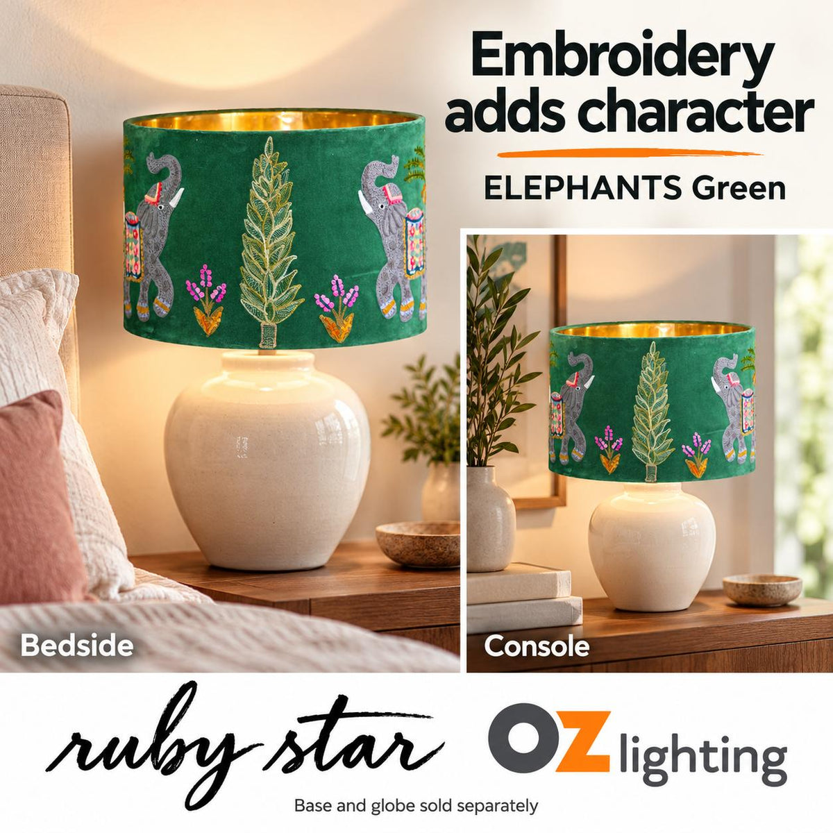 Ruby Star ELEPHANTS Drum Shade - 40cm, Green-RUBY STAR-Ozlighting.com.au