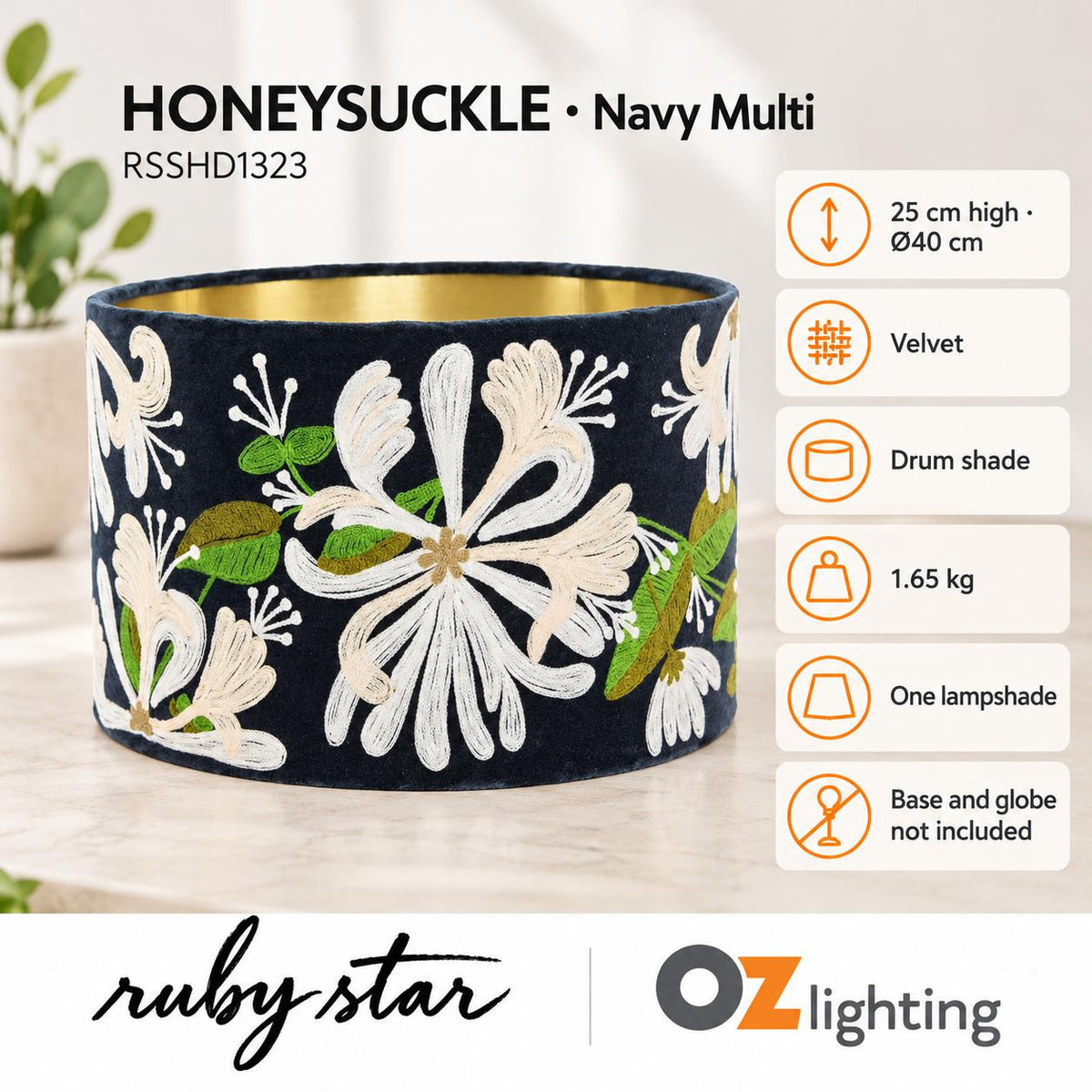 Ruby Star HONEYSUCKLE Drum Shade - Velvet, Navy Multi-RUBY STAR-Ozlighting.com.au
