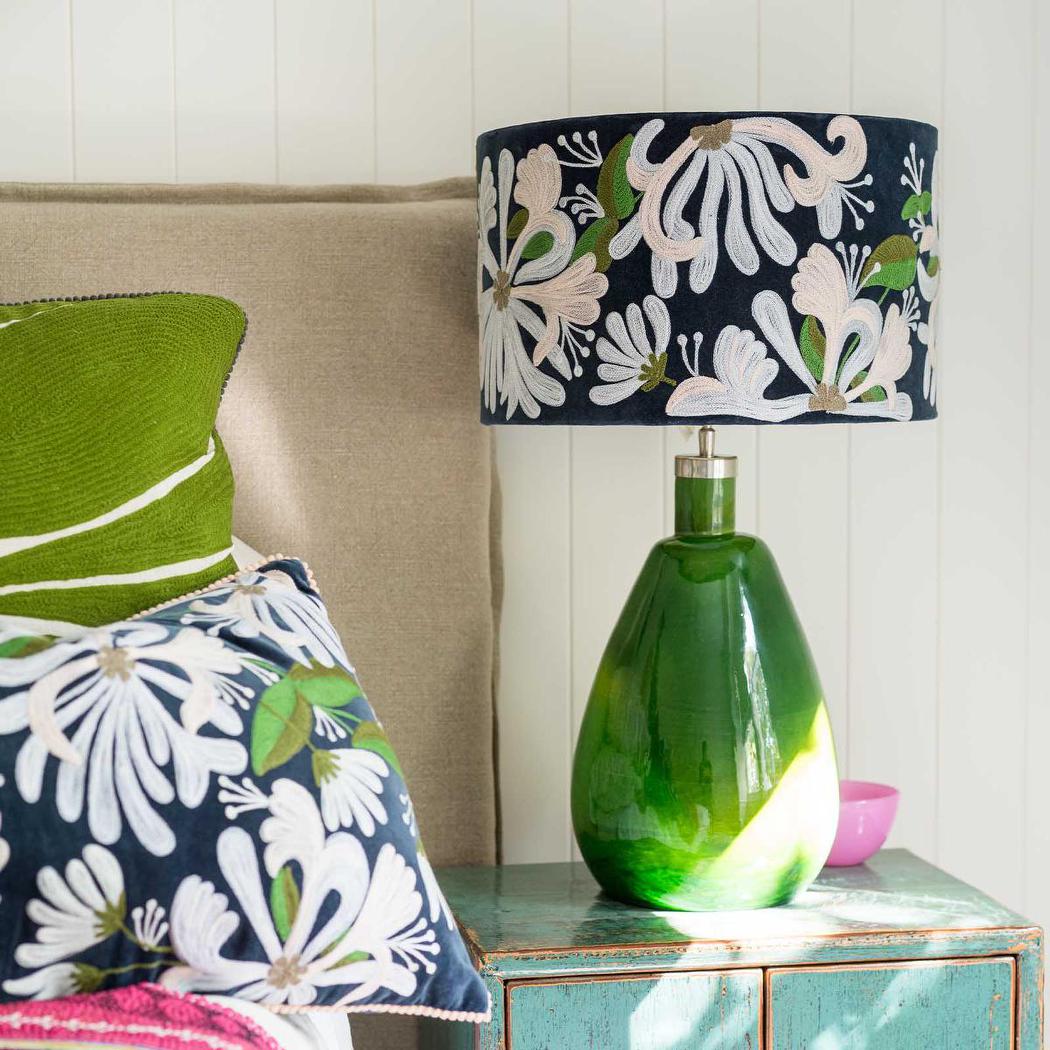 Ruby Star HONEYSUCKLE Velvet Drum Shade Navy Multi-RUBY STAR-Ozlighting.com.au