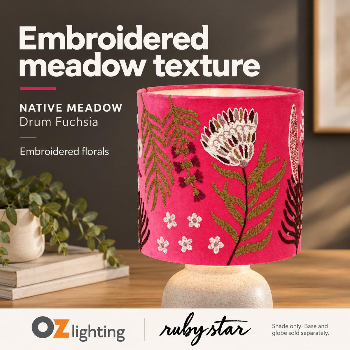 Ruby Star NATIVE MEADOW Drum Shade - 30cm, Fuchsia-RUBY STAR-Ozlighting.com.au