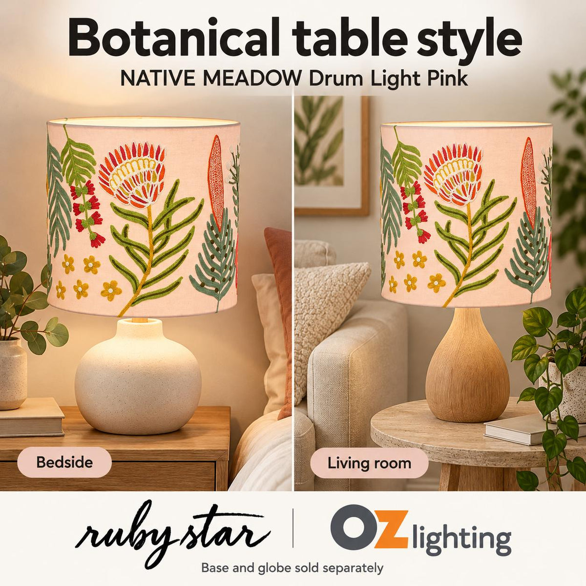 Ruby Star NATIVE MEADOW Drum Shade - 30cm, Light Pink-RUBY STAR-Ozlighting.com.au