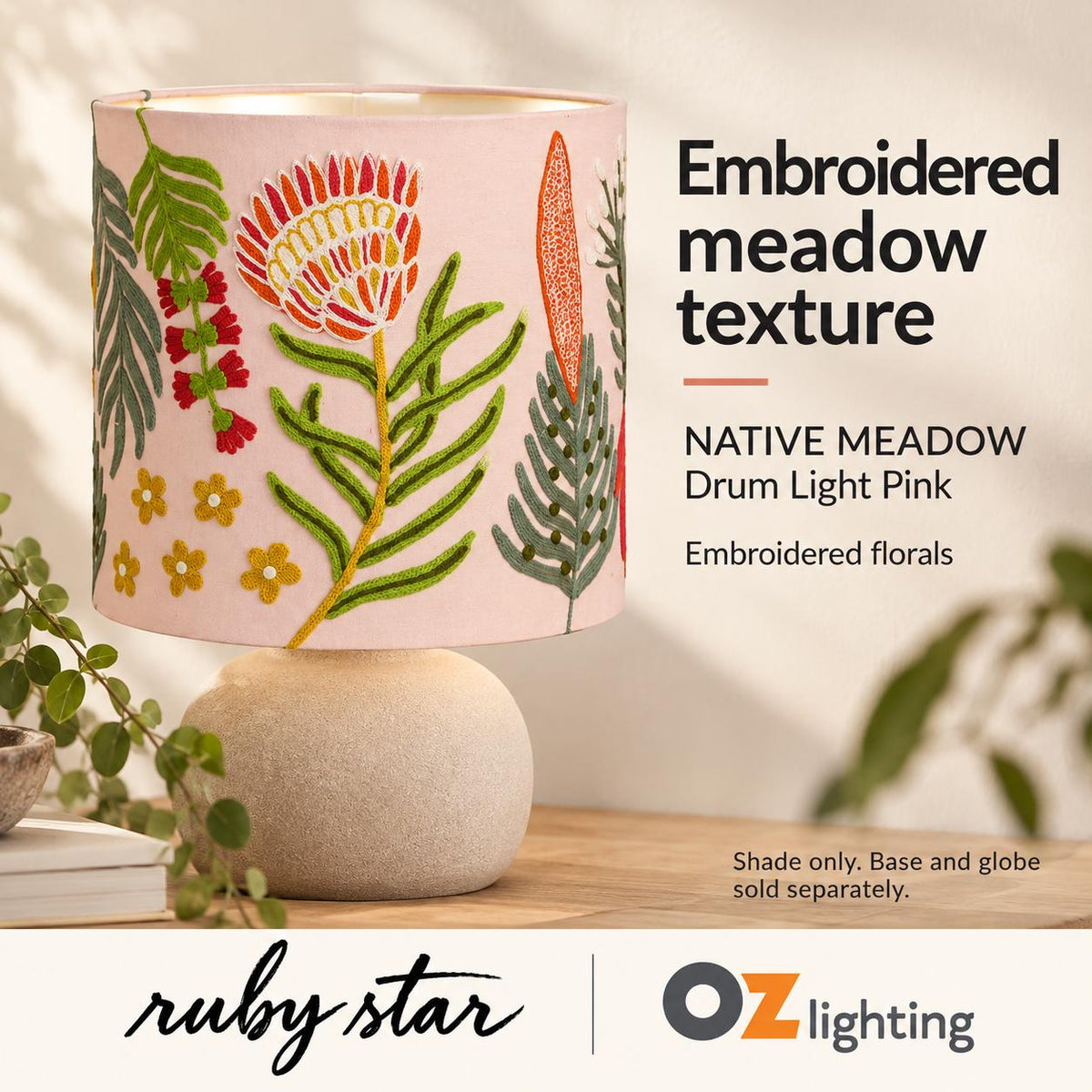 Ruby Star NATIVE MEADOW Drum Shade - 30cm, Light Pink-RUBY STAR-Ozlighting.com.au
