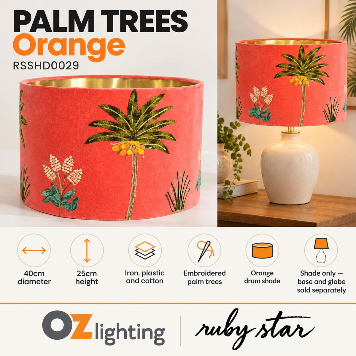Ruby Star PALM TREES Drum Shade - 40cm, Orange-RUBY STAR-Ozlighting.com.au
