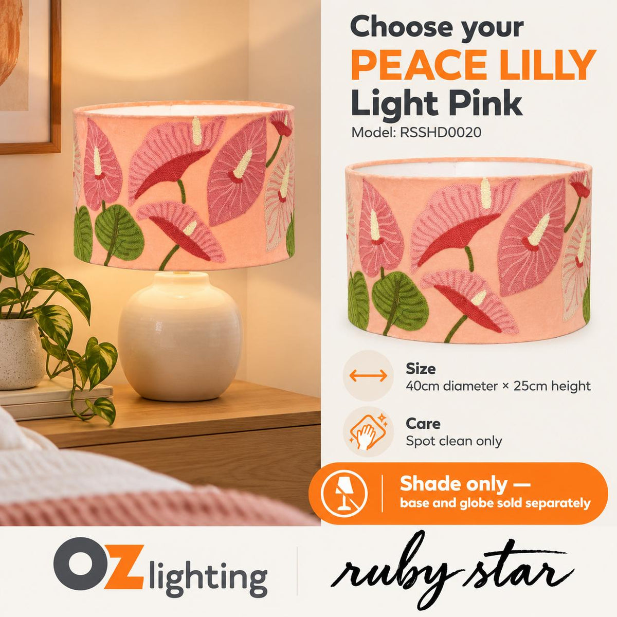 Ruby Star PEACE LILLY Drum Shade - 40cm, Light Pink-RUBY STAR-Ozlighting.com.au