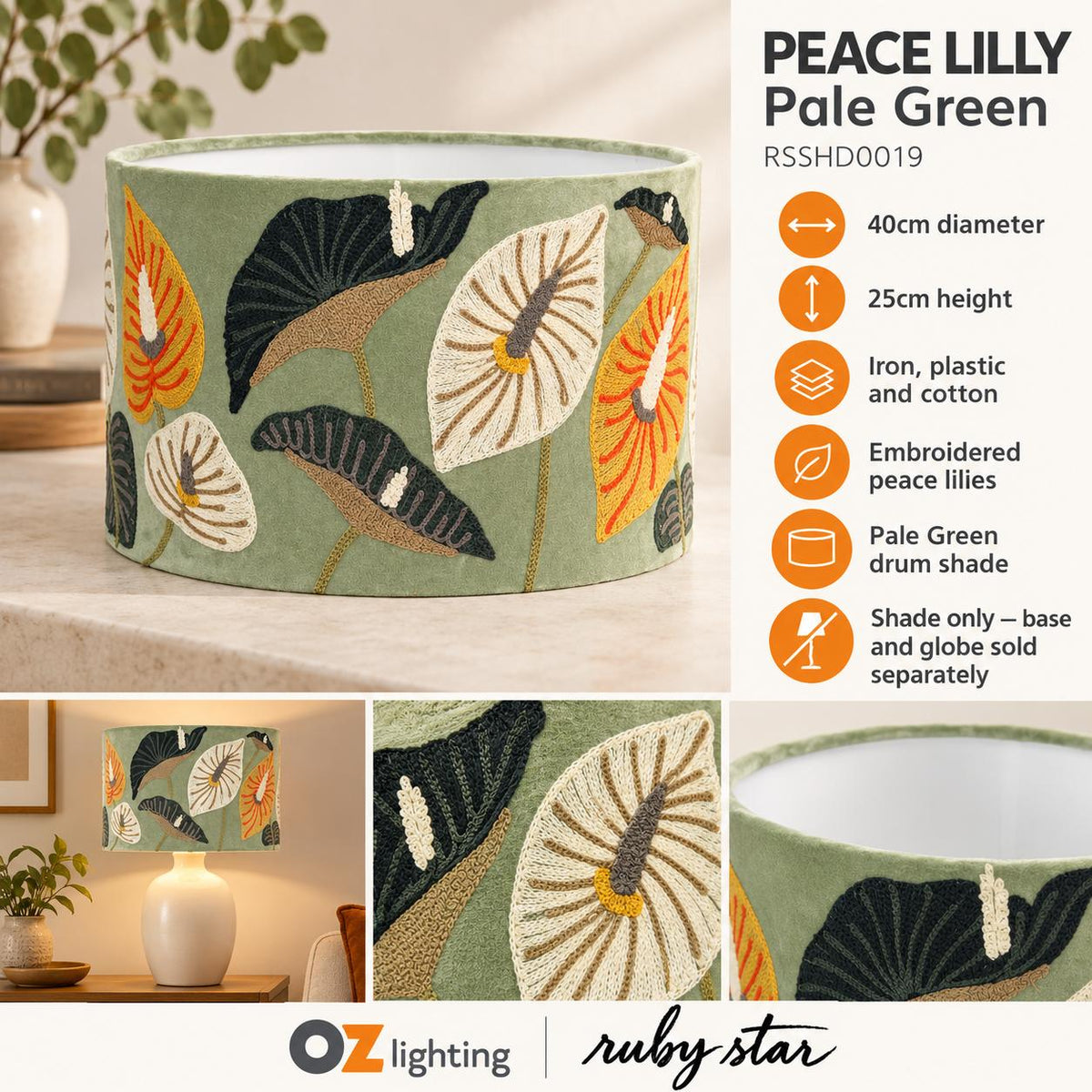 Ruby Star PEACE LILLY Drum Shade - 40cm, Pale Green-RUBY STAR-Ozlighting.com.au