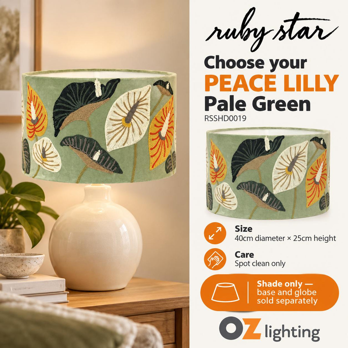 Ruby Star PEACE LILLY Drum Shade - 40cm, Pale Green-RUBY STAR-Ozlighting.com.au