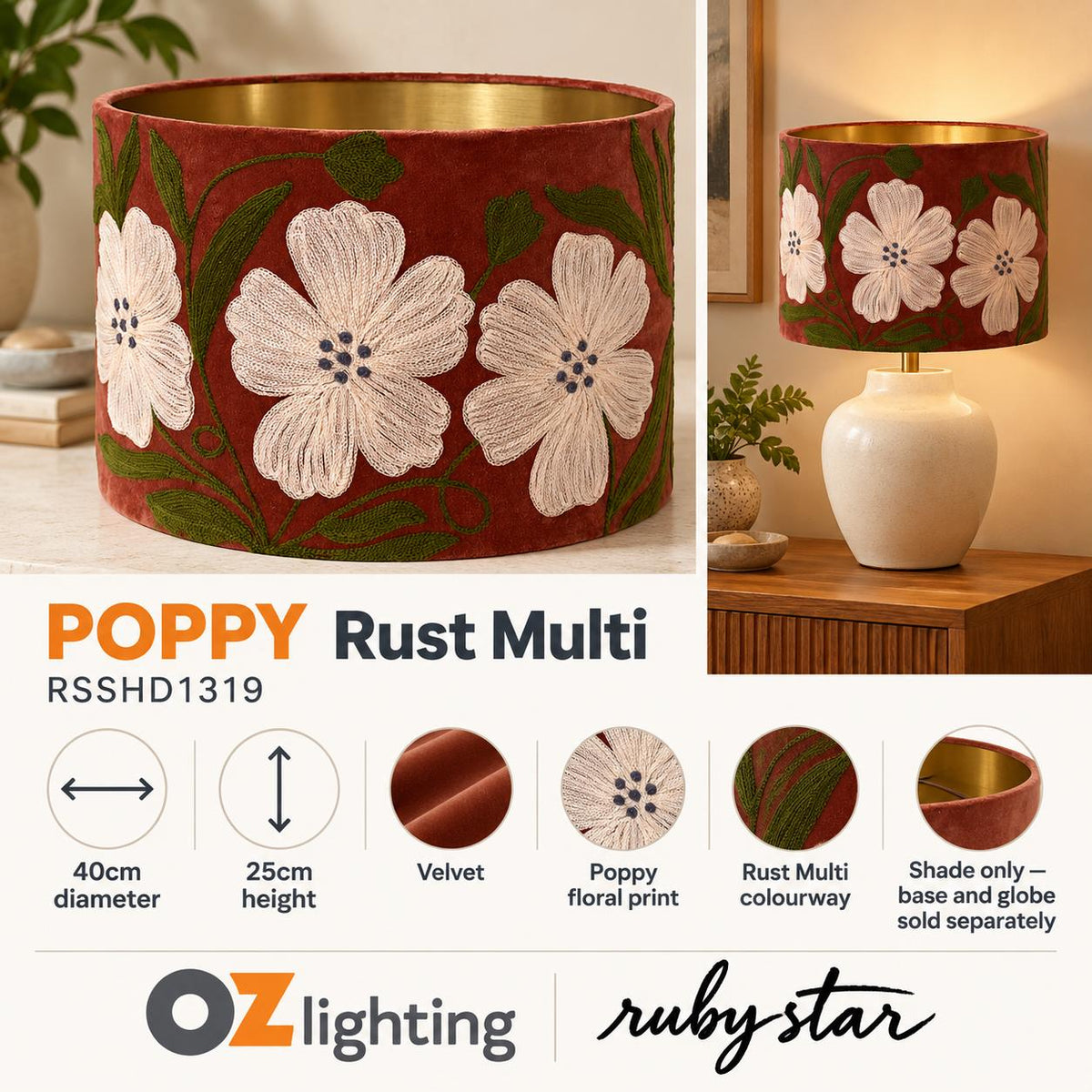 Ruby Star POPPY Drum Shade - Velvet, Rust Multi-RUBY STAR-Ozlighting.com.au