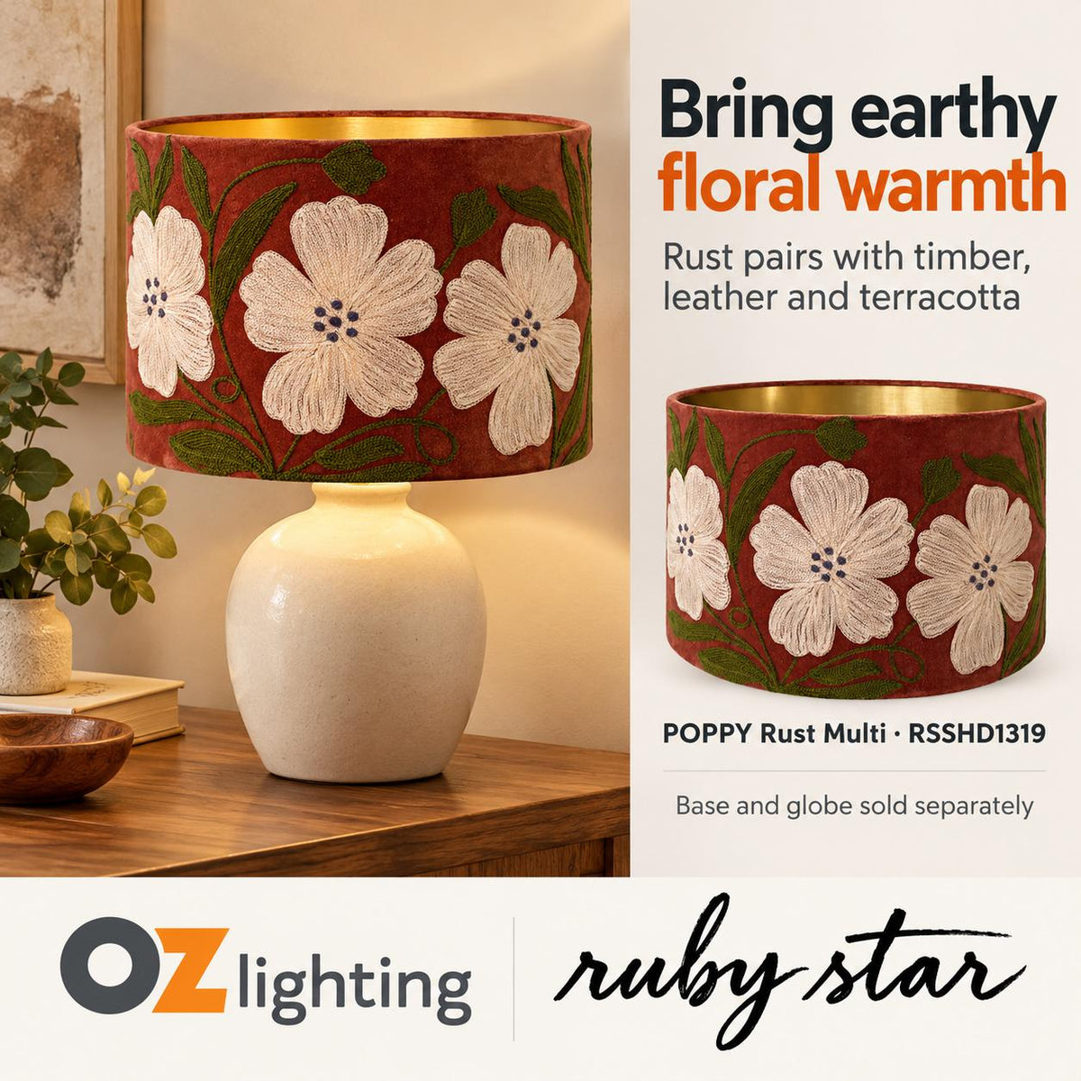 Ruby Star POPPY Drum Shade - Velvet, Rust Multi-RUBY STAR-Ozlighting.com.au