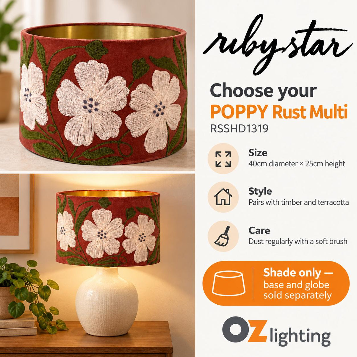 Ruby Star POPPY Drum Shade - Velvet, Rust Multi-RUBY STAR-Ozlighting.com.au