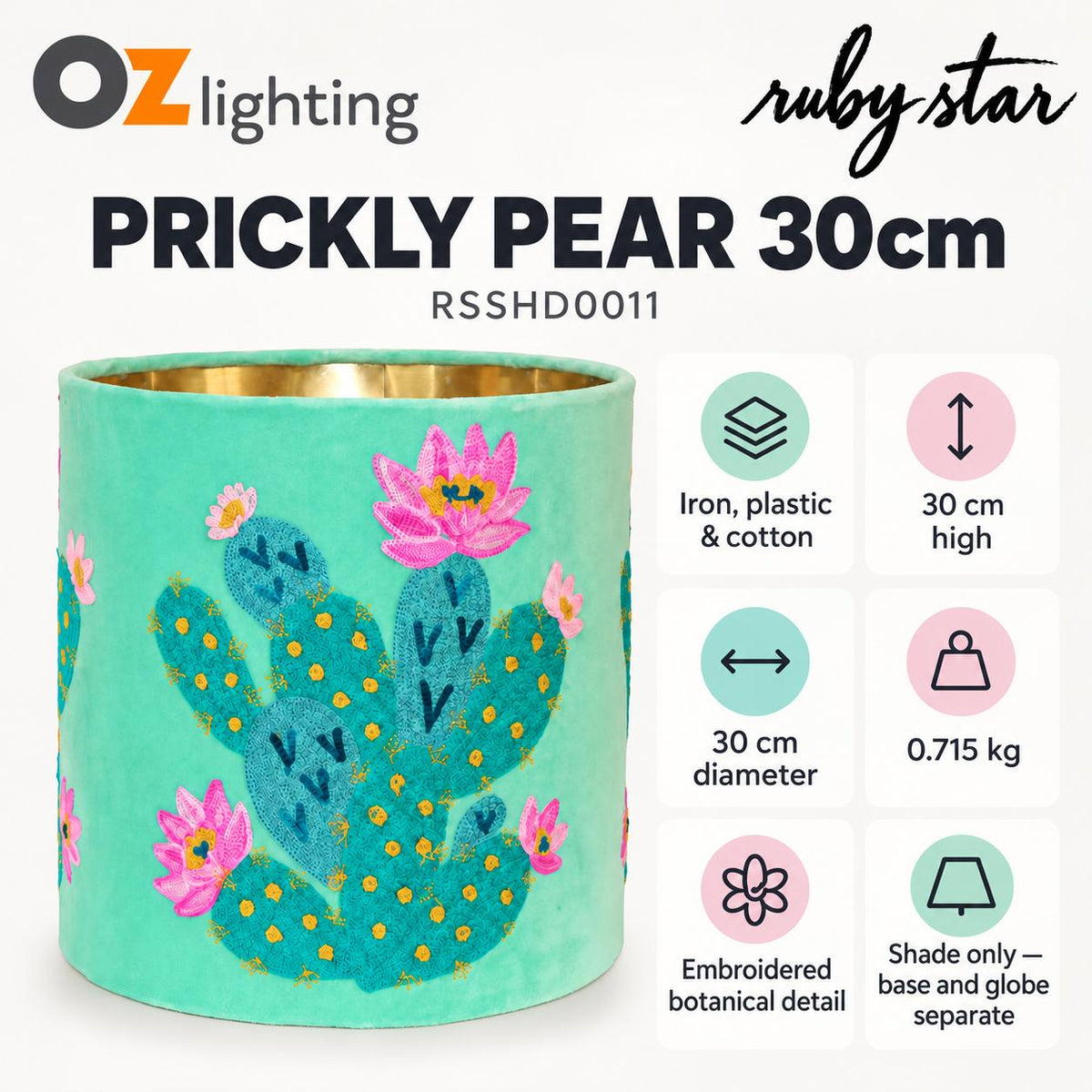 Ruby Star PRICKLY PEAR CACTUS Drum Shade - 30cm, Teal-RUBY STAR-Ozlighting.com.au