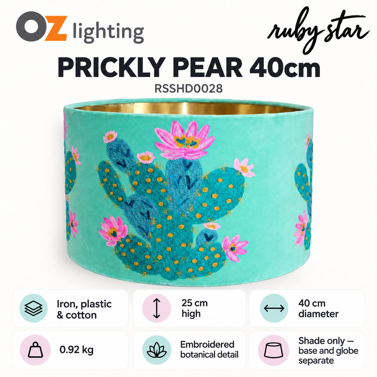 Ruby Star PRICKLY PEAR CACTUS Drum Shade - 40cm, Teal-RUBY STAR-Ozlighting.com.au