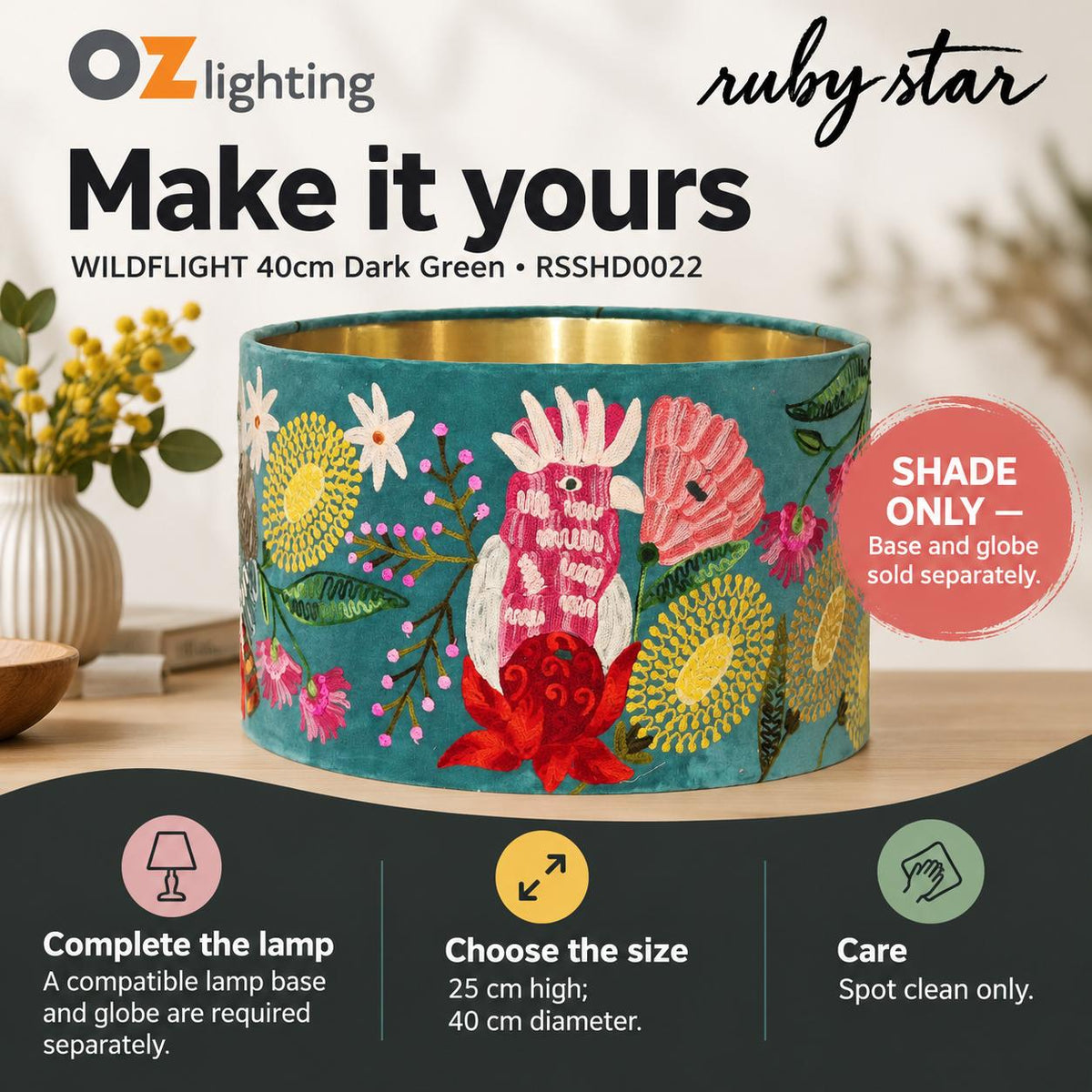 Ruby Star WILDFLIGHT Drum Shade - 40cm, Dark Green-RUBY STAR-Ozlighting.com.au