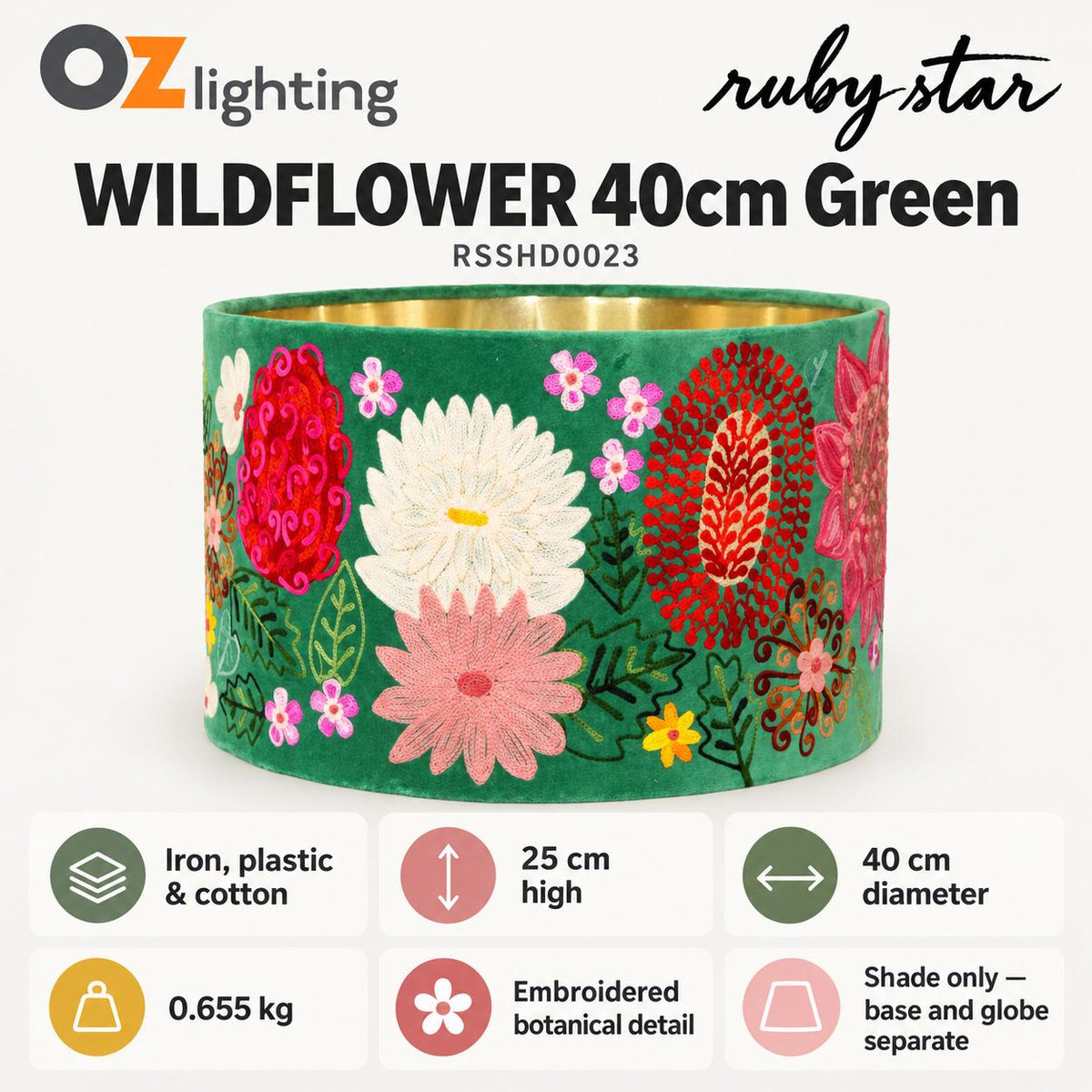 Ruby Star WILDFLOWER Drum Shade - 40cm, Green-RUBY STAR-Ozlighting.com.au