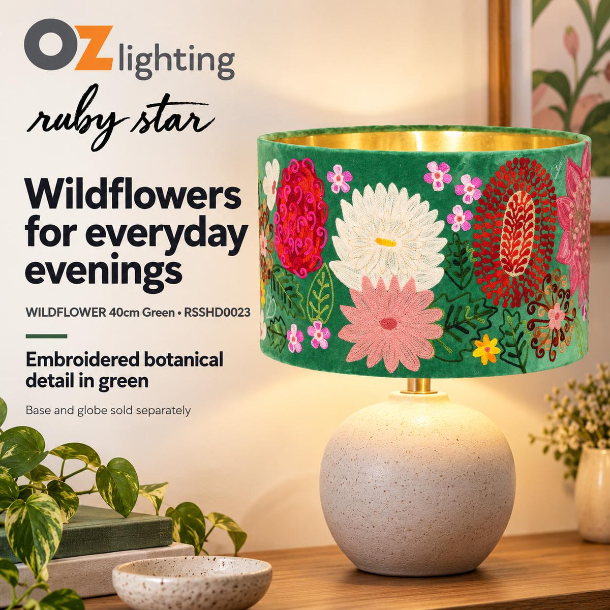 Ruby Star WILDFLOWER Drum Shade - 40cm, Green-RUBY STAR-Ozlighting.com.au