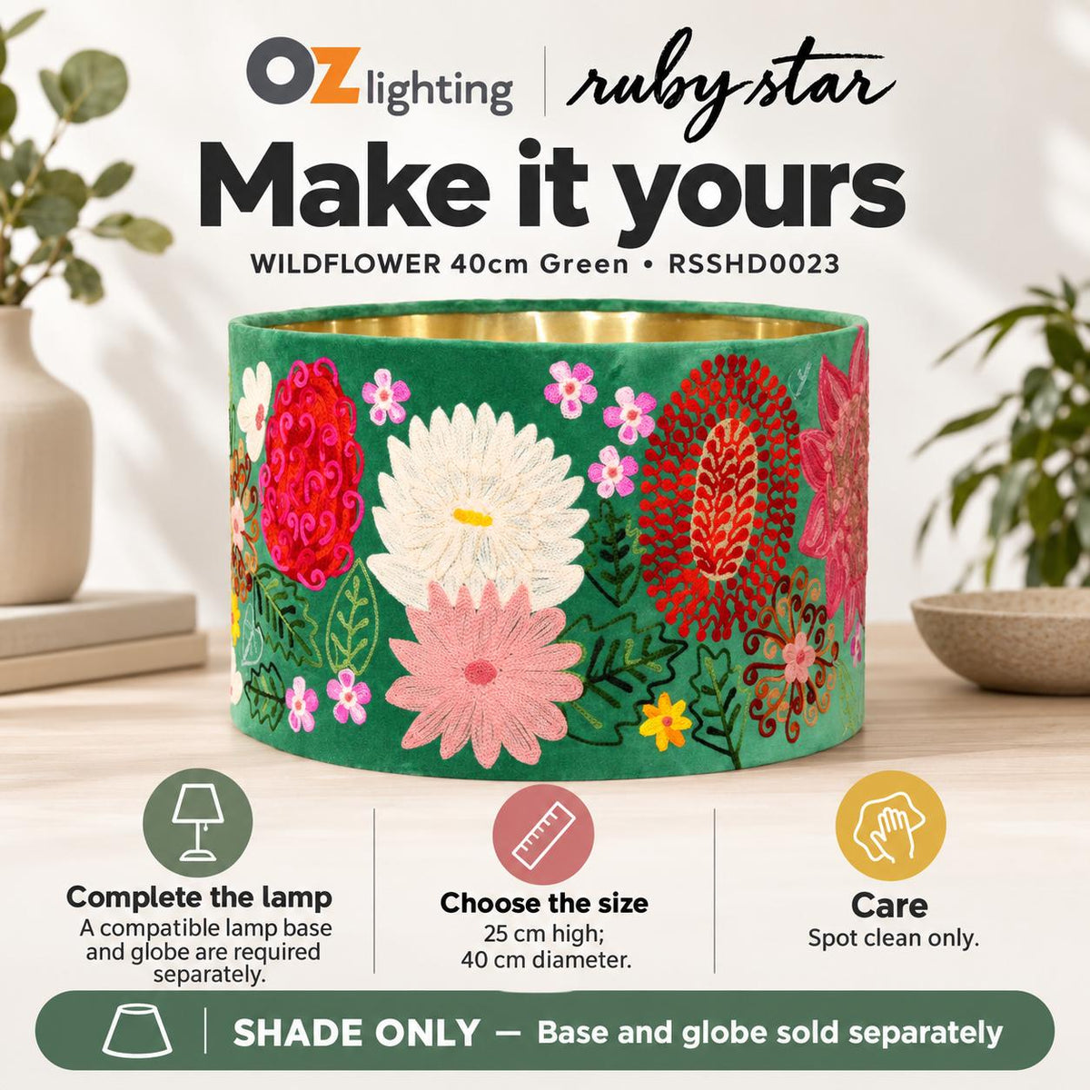 Ruby Star WILDFLOWER Drum Shade - 40cm, Green-RUBY STAR-Ozlighting.com.au