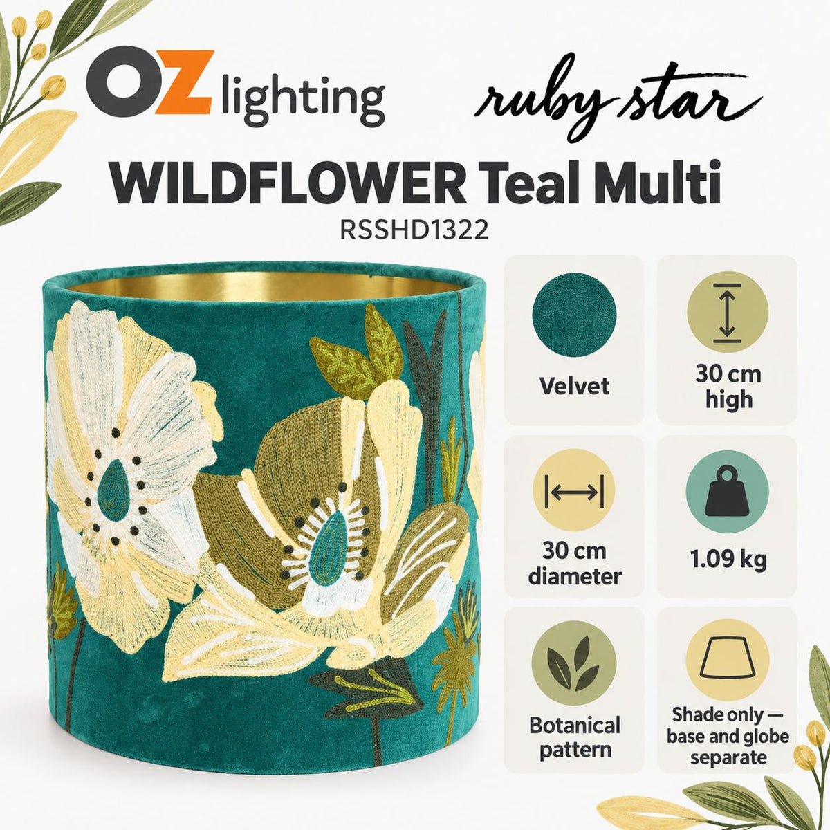 Ruby Star WILDFLOWER Drum Shade - Velvet, Teal Multi-RUBY STAR-Ozlighting.com.au